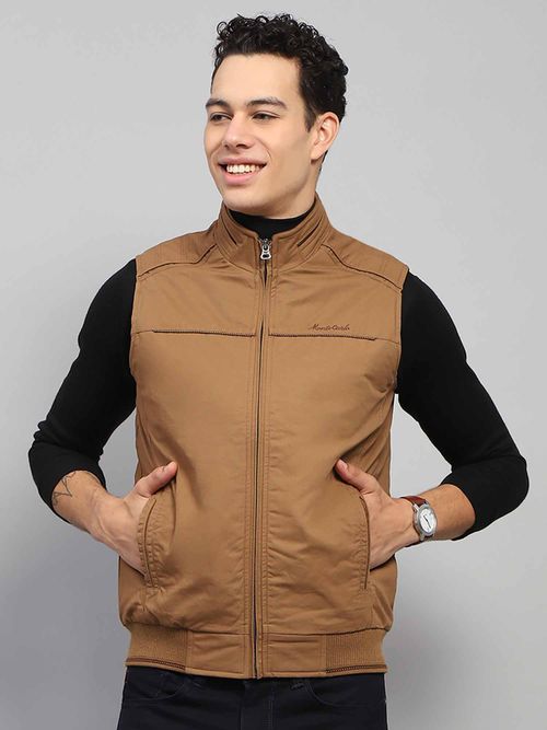 Buy Monte Carlo Mens Solid Brown Mock Neck Sleeveless Jacket Online