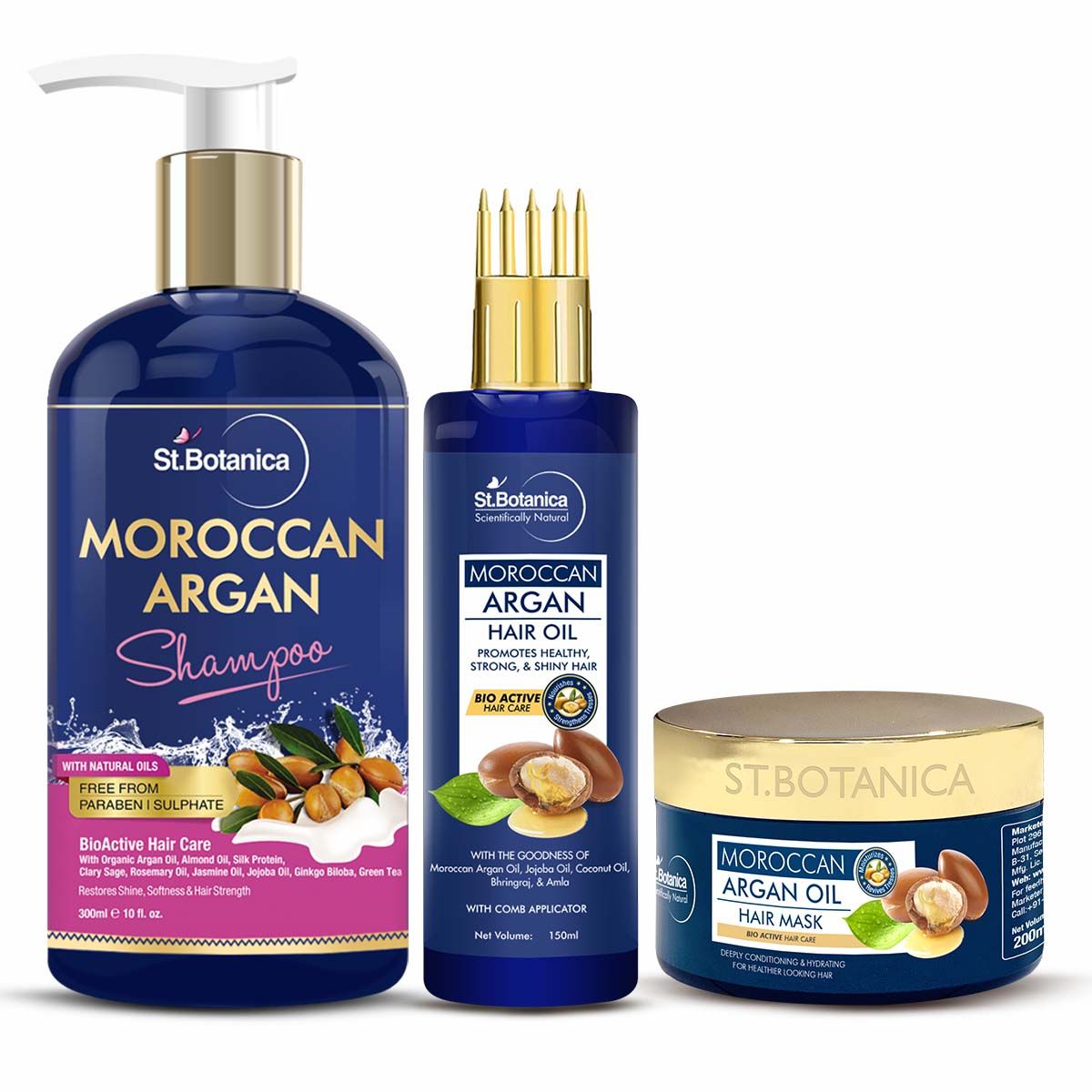 St.Botanica Moroccan Argan Shampoo + Hair Mask + Argan Hair Oil With Comb Applicator