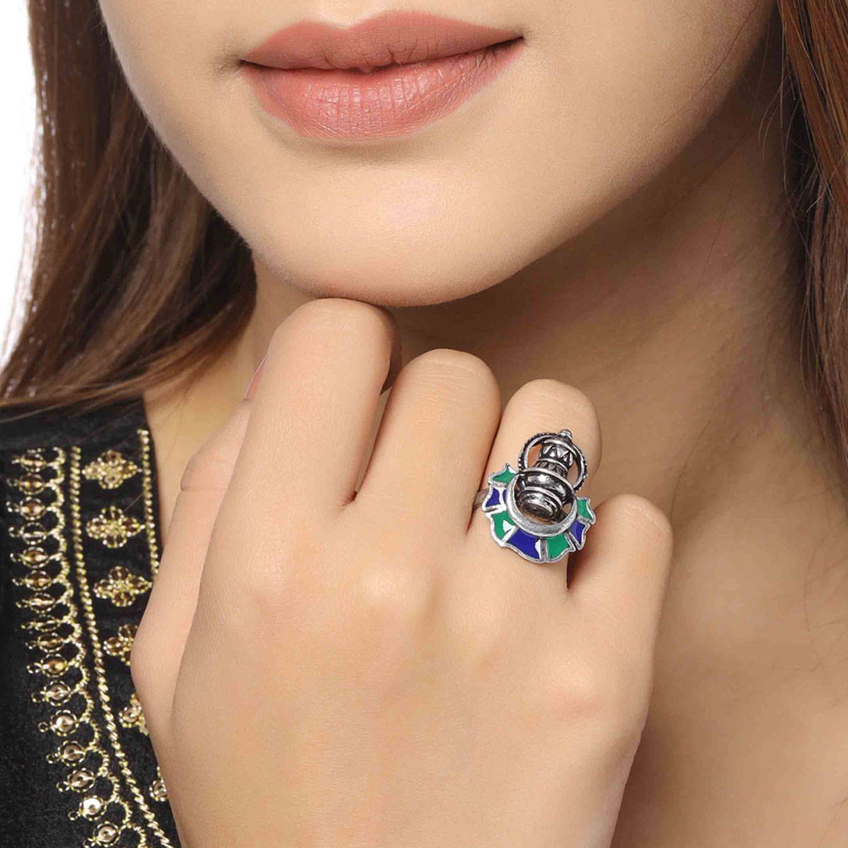 VIRAASI Meenakari Enameling Adjustable Oxidised Ring