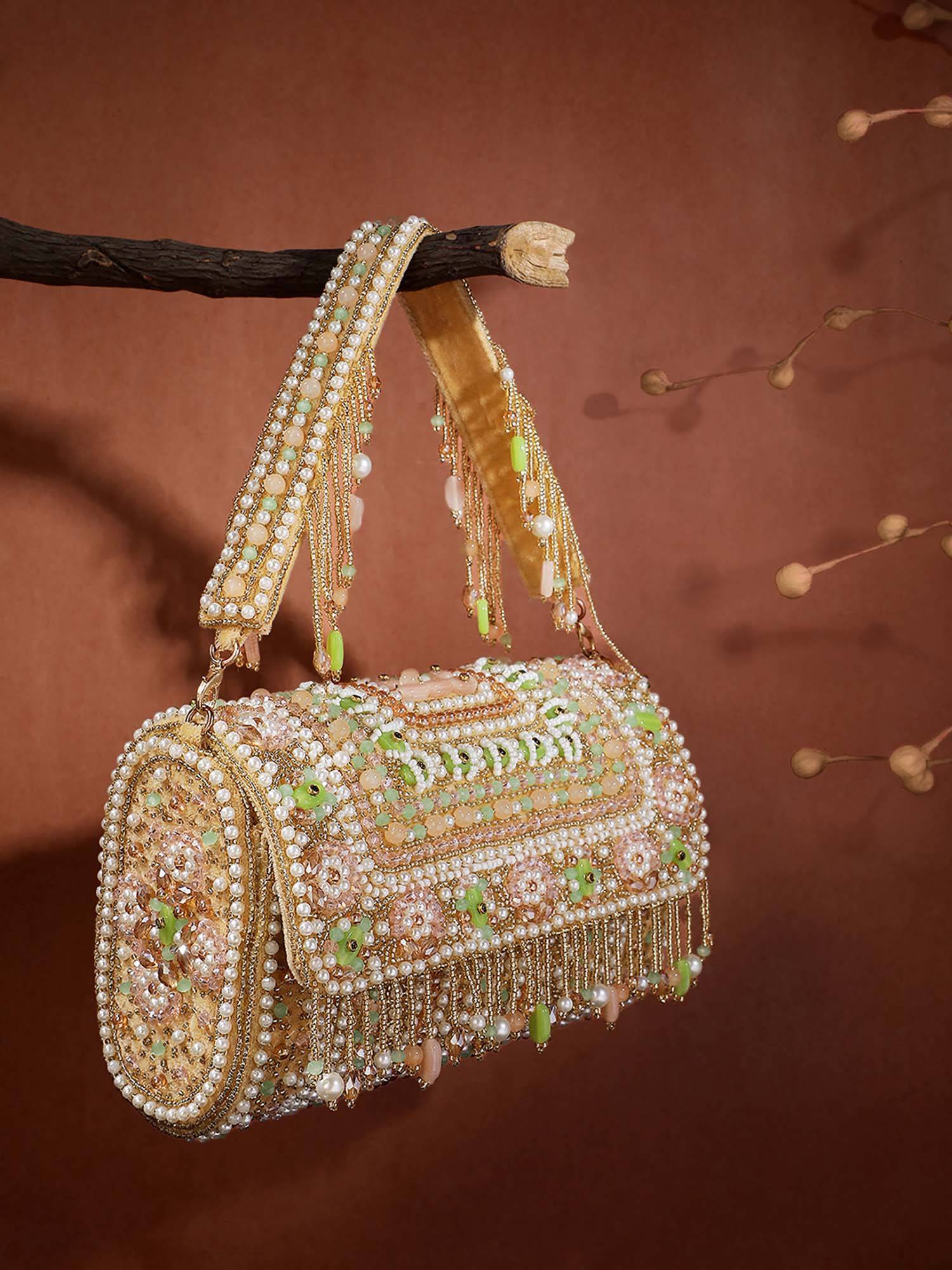 Anekaant Women Blush And Bead Beige And Pastel Multi Accent Beads Embellished Velvet Clutch
