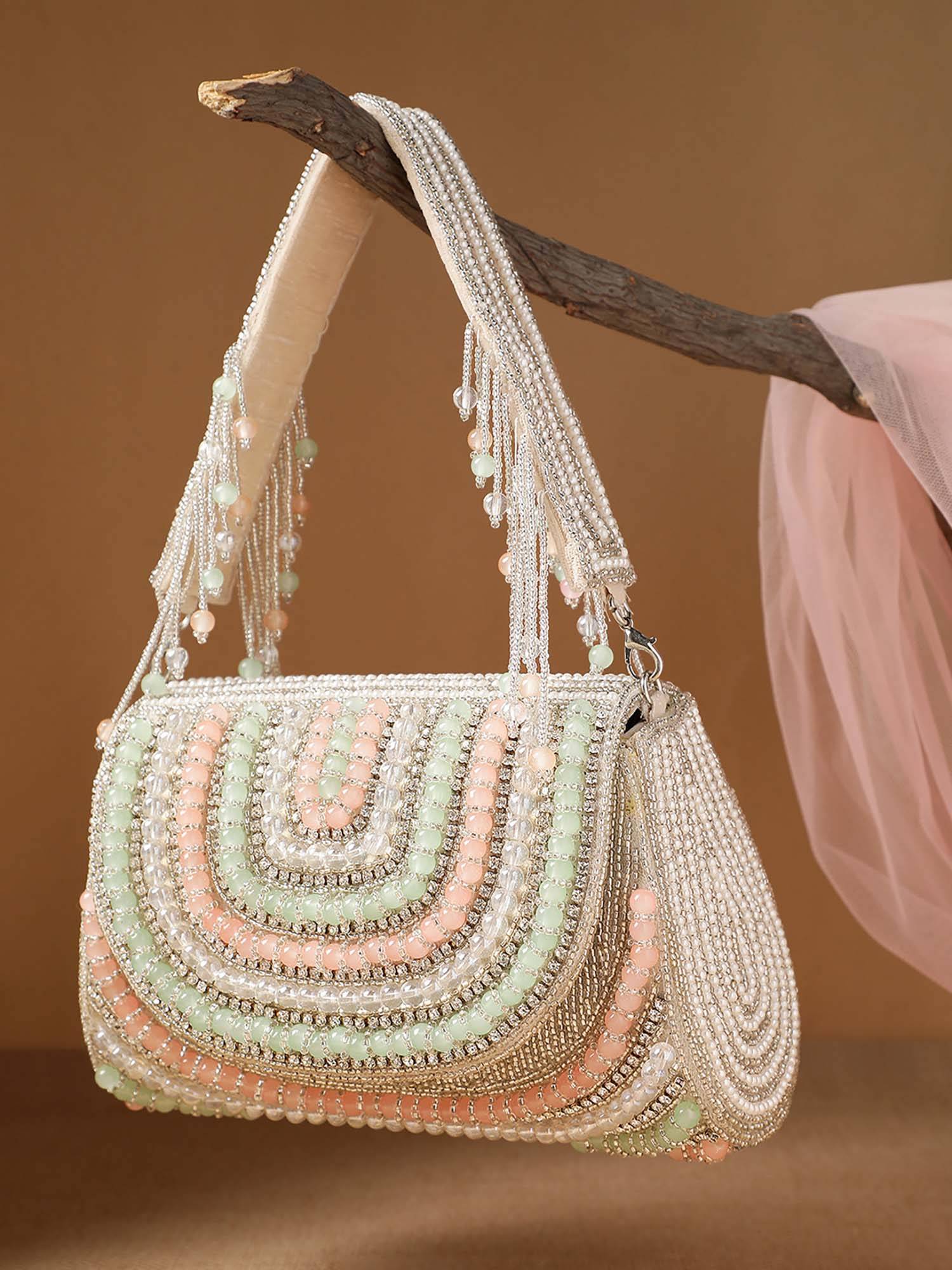 Anekaant Women Blush And Bead Silver And Pastel Multi Crystal Layered Velvet Clutch