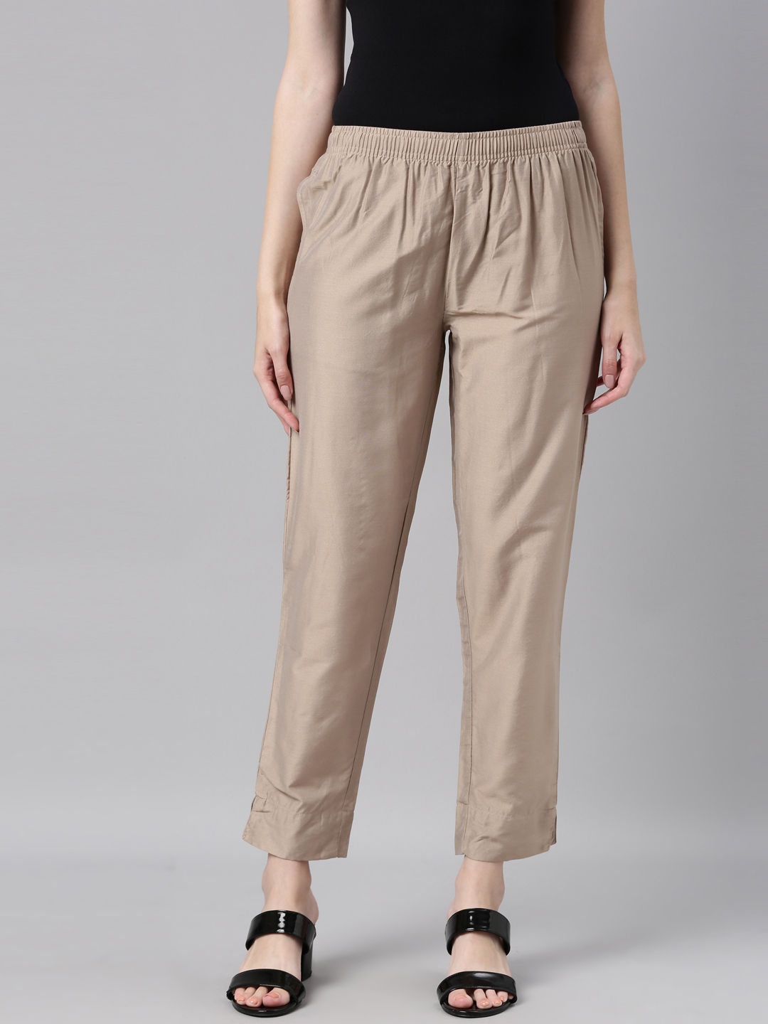 Go Colors Women Solid Mid Rise Metallic Pants - Beige (L)