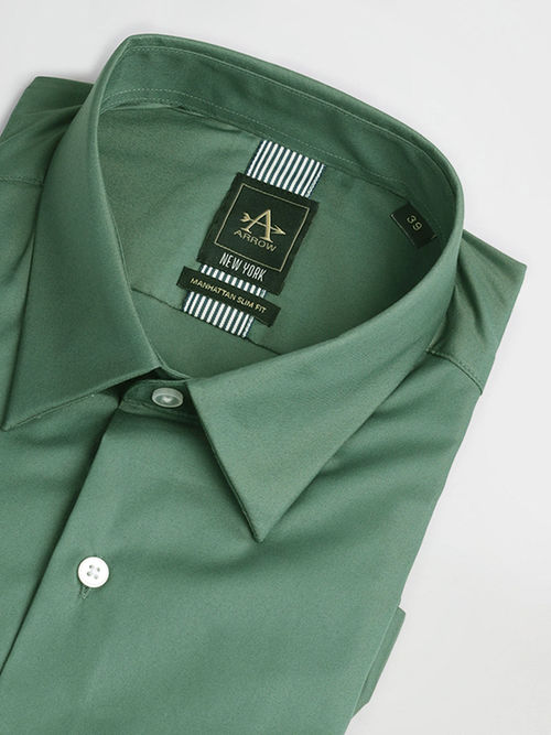 Buy Arrow Newyork Manhattan Slim Fit Twill Green Formal Shirt Online