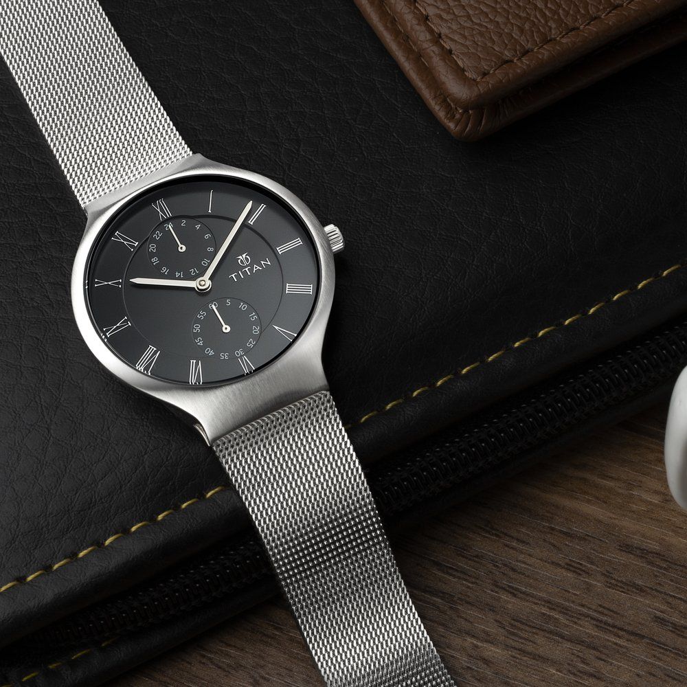 workwear watch with black dial metal strap