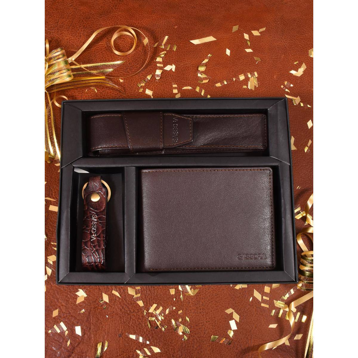 Sassora Brown Premium Leather Men'S Wallet, Keychain & Pen Case Combo Gift Set