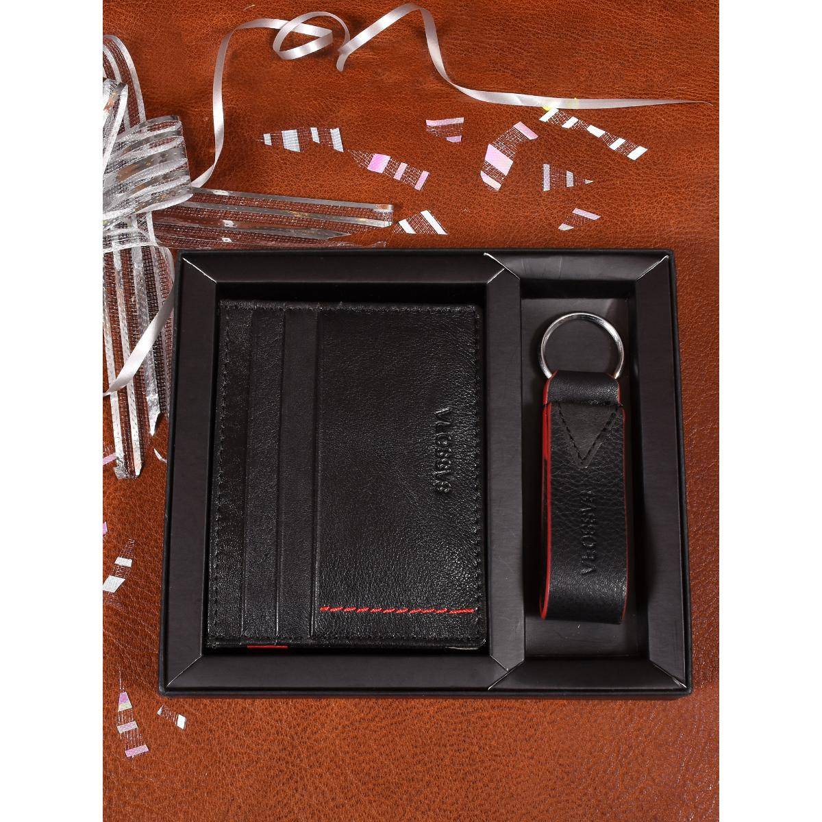 Sassora Black and Red Premium Leather Unisex Rfid Card Holder & Keychain Combo Gift Set