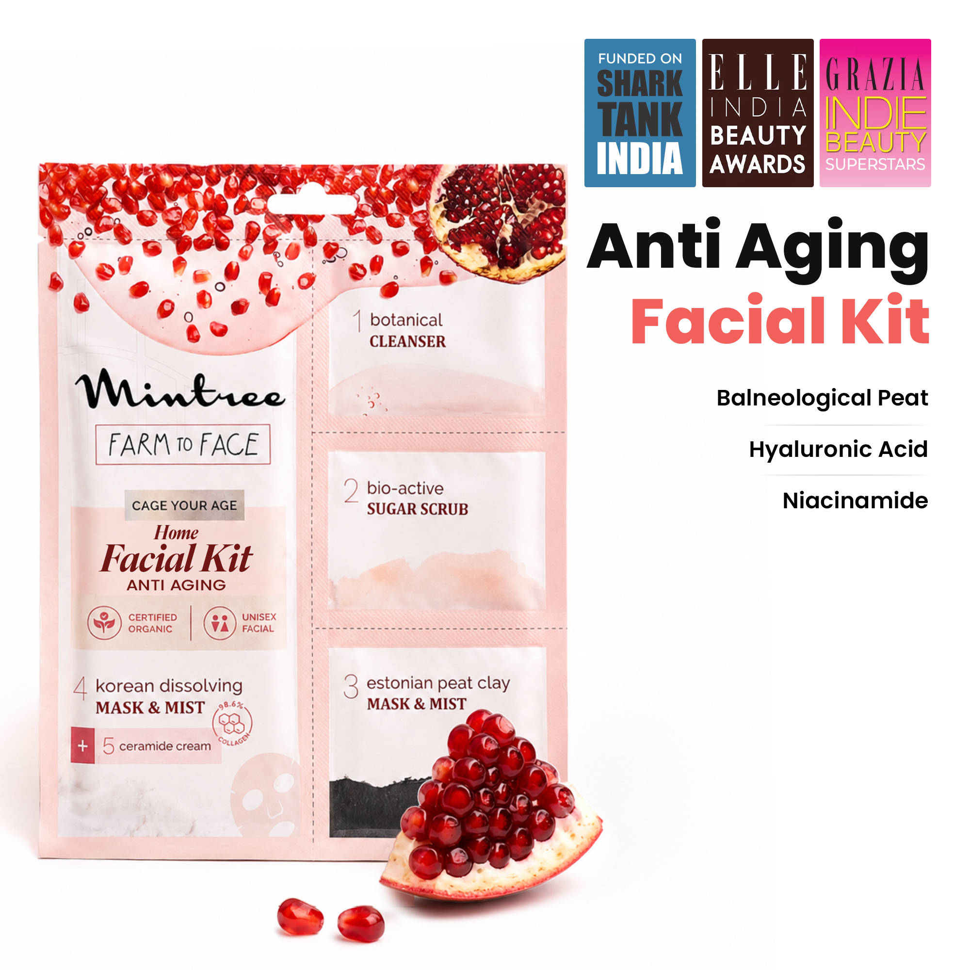 Mintree Organic Pomegranate Brightening at Home Facial for Women with Korean Melting Film Sheet Mask