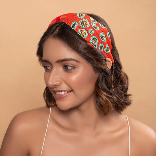 Buy Toniq Red Beaded Embroidery Fabric Bridal Turban Knot Headband