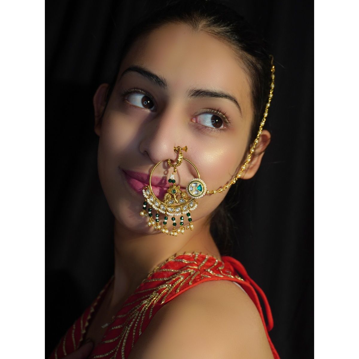 Buy Niscka 24K Gold Plated Green Beads Kundan Bridal Nathiya Online