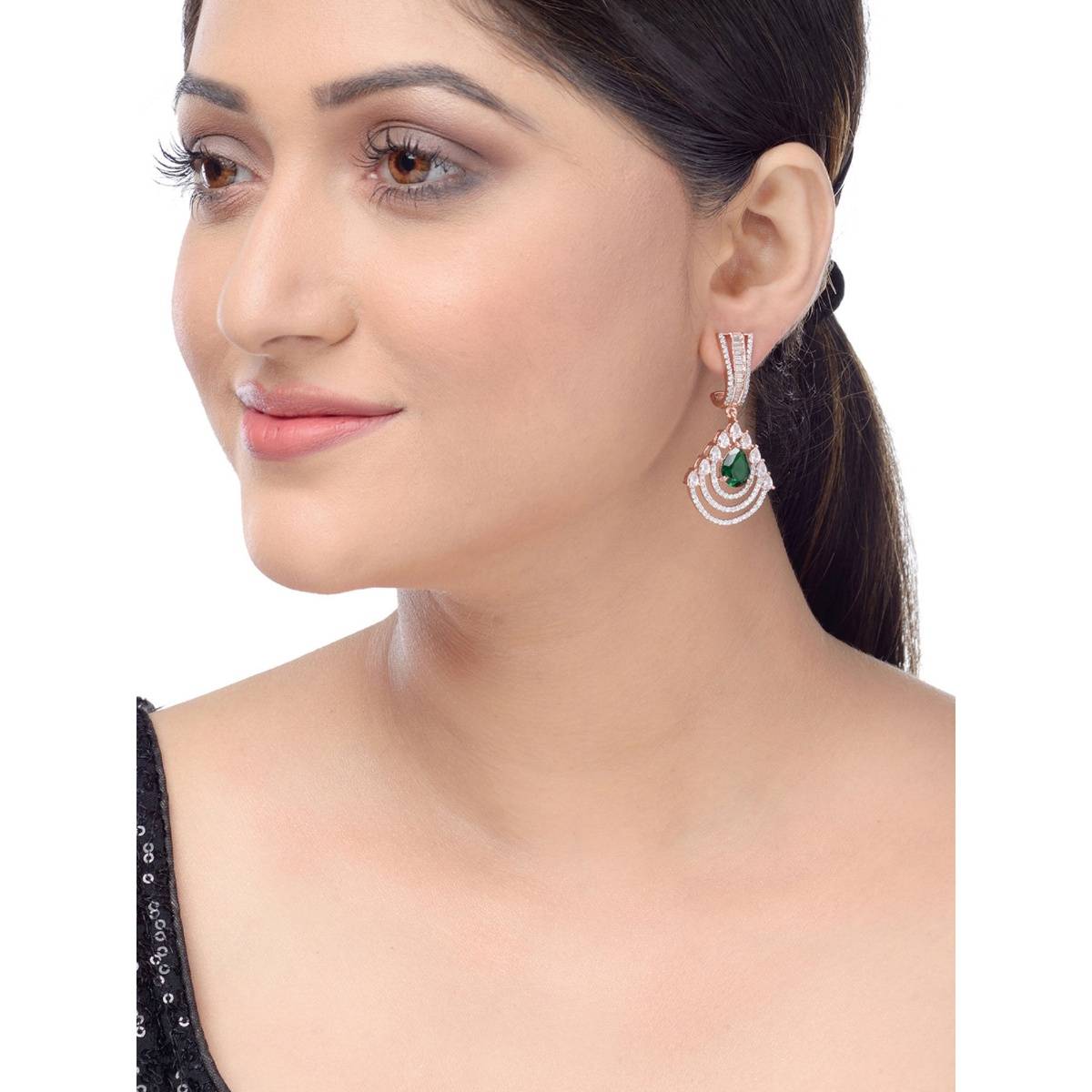 Saraf RS Jewellery Rose Gold Plated Exquisite Emerald American Diamond Studded Brass Earrings