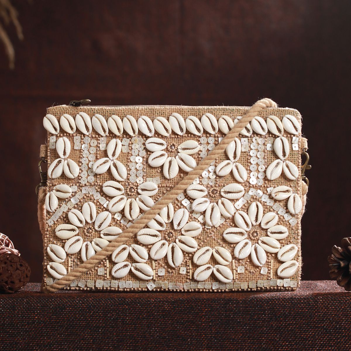 beautiufl brown handmade jute bag with lace design
