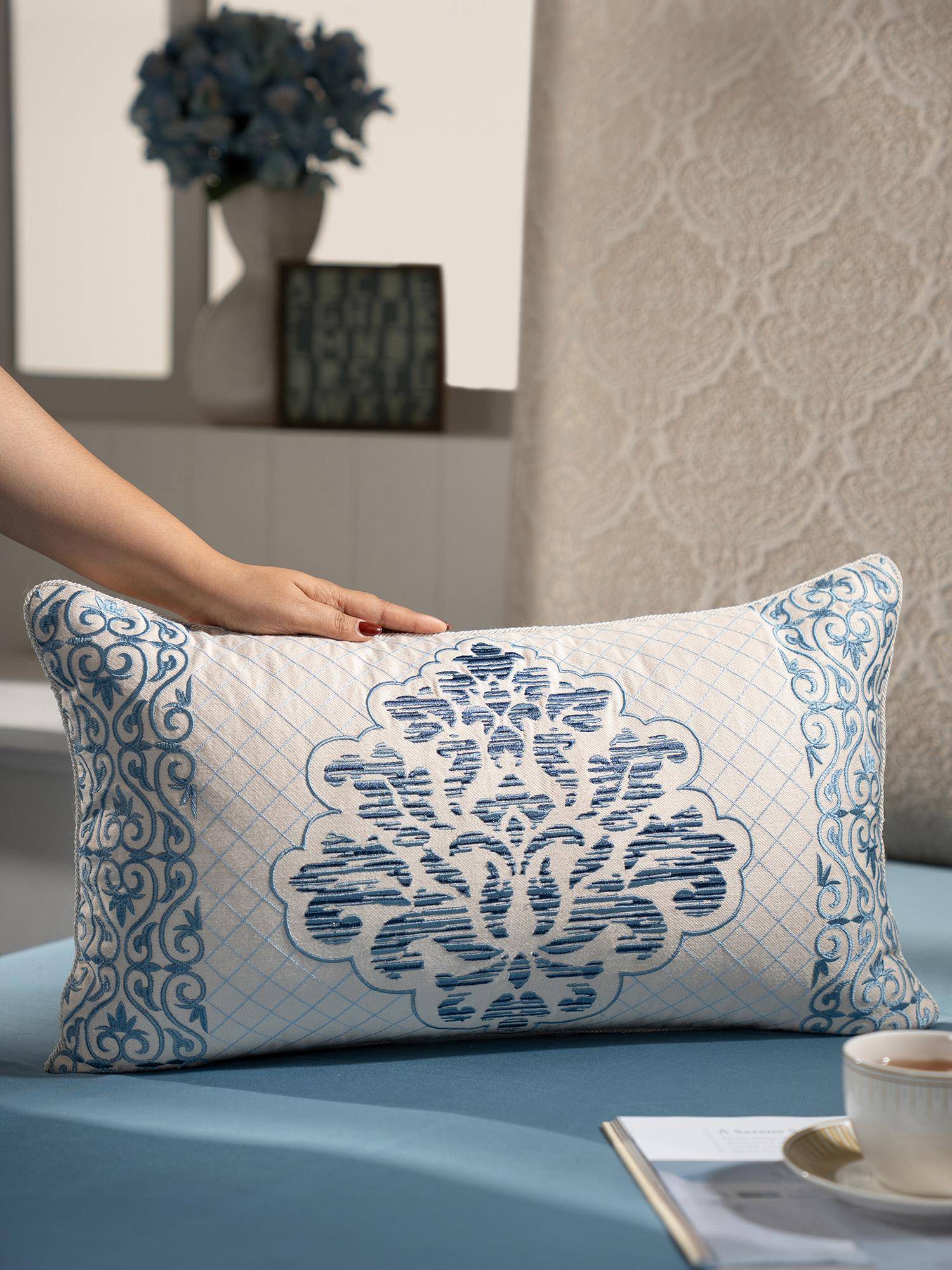 Maspar Viscose Polyester Embroidery Rectangular Cushion Cover - Blue (M)