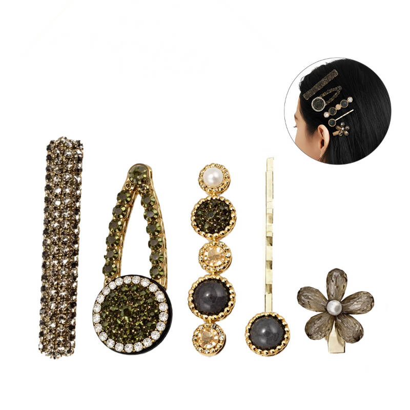 Matra Hair Clips Fancy Rhinestone Barrettes & Flower Claw Clutchers Crystal Stone Pins Set - Black