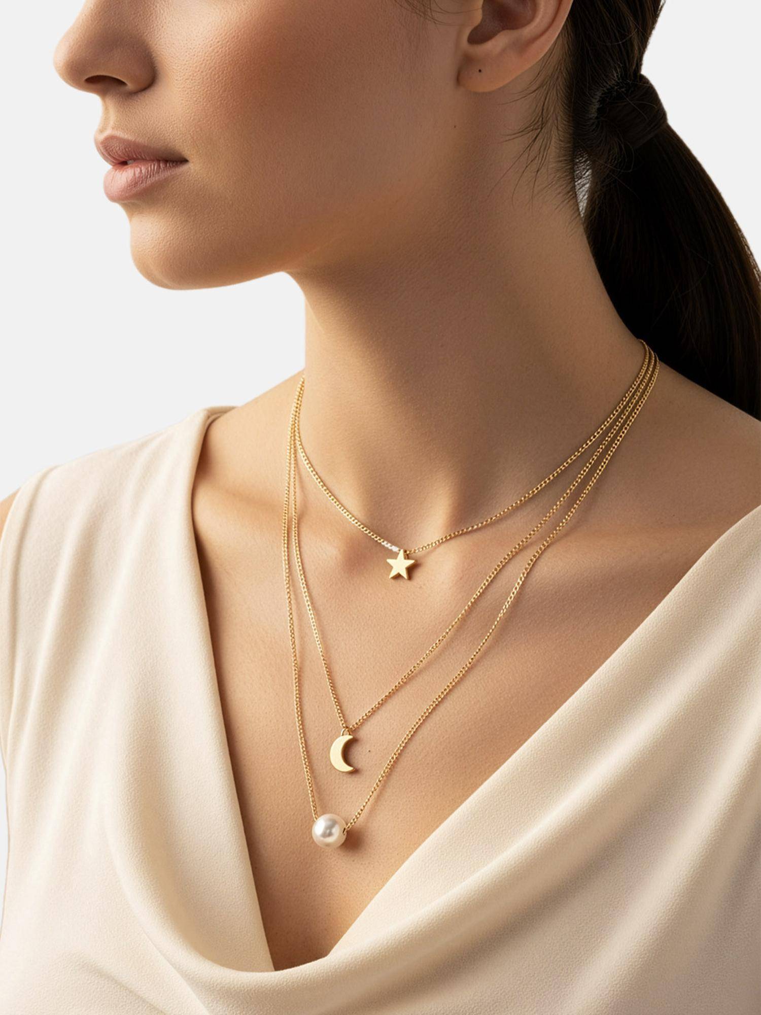 Carlton London Rose Gold Plated Star Moon and Pearl Pendant Multi Layered Necklace