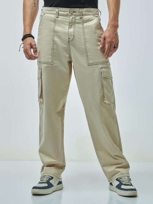 Bewakoof Men's Beige Straight Fit Cargo Pants