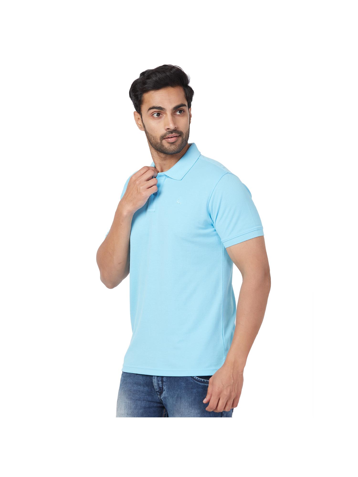 Buy Parx Regular Fit Solid Light Blue Polo T-Shirt Online