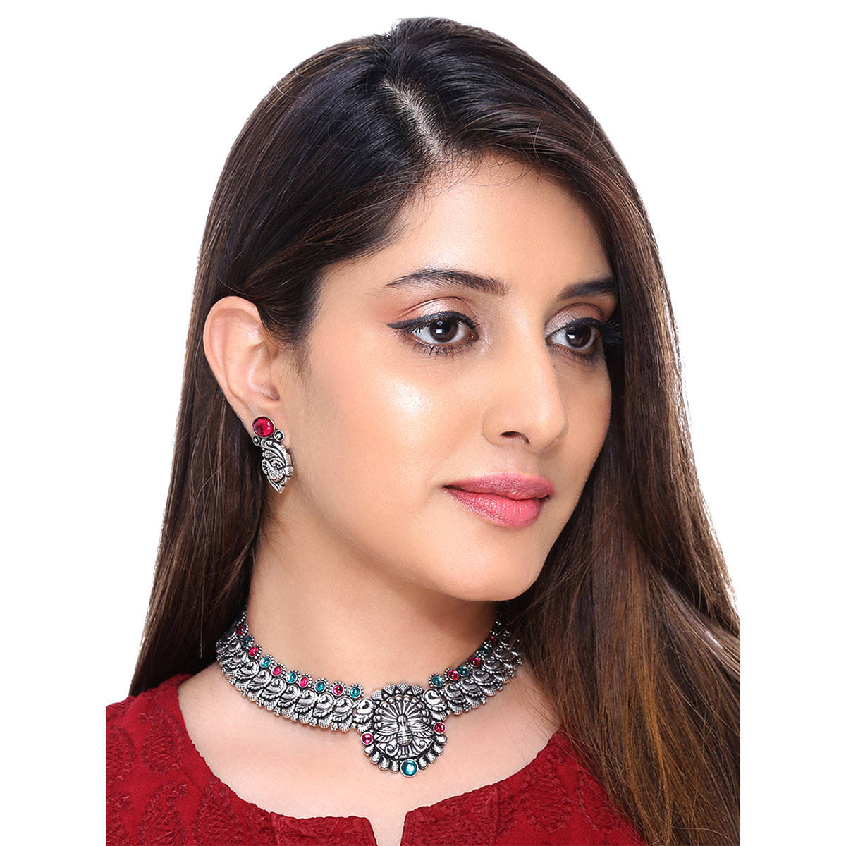 Yellow Chimes Kolhapuri Worked Silver Oxidized Choker Necklace Set for Women