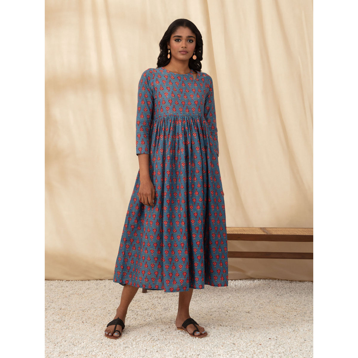 Buy Likha Indigo Boat Neck Printed Cotton Fit Flare Dress