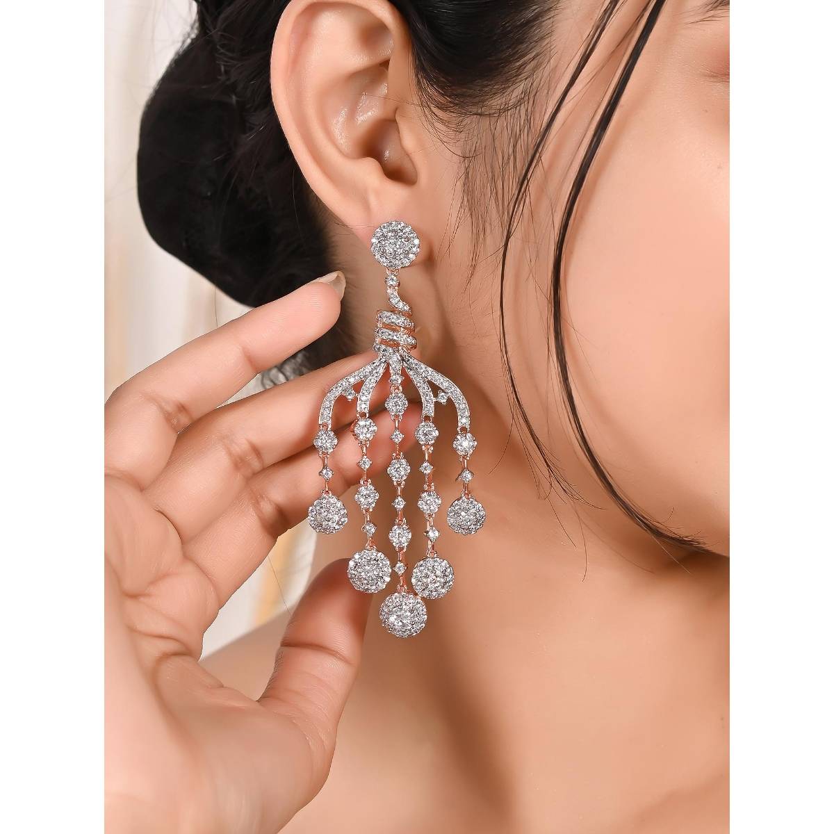 Ratnavali Jewels American Diamond CZ Rose Gold Plated White Long Dangle Drop Earrings