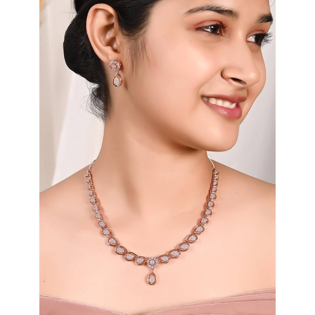 Ratnavali Jewels American Diamond CZ Rose Gold Plated White Necklace Set with Earrings