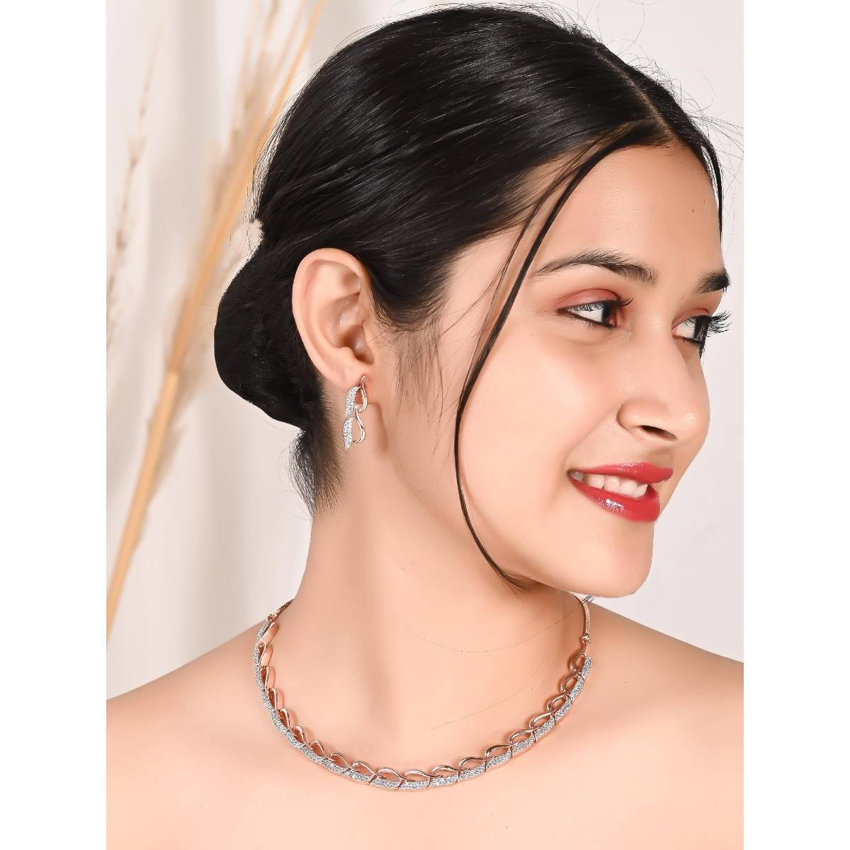 Ratnavali Jewels American Diamond CZ Rose Gold Plated White Solid Style Necklace Set with Earrings