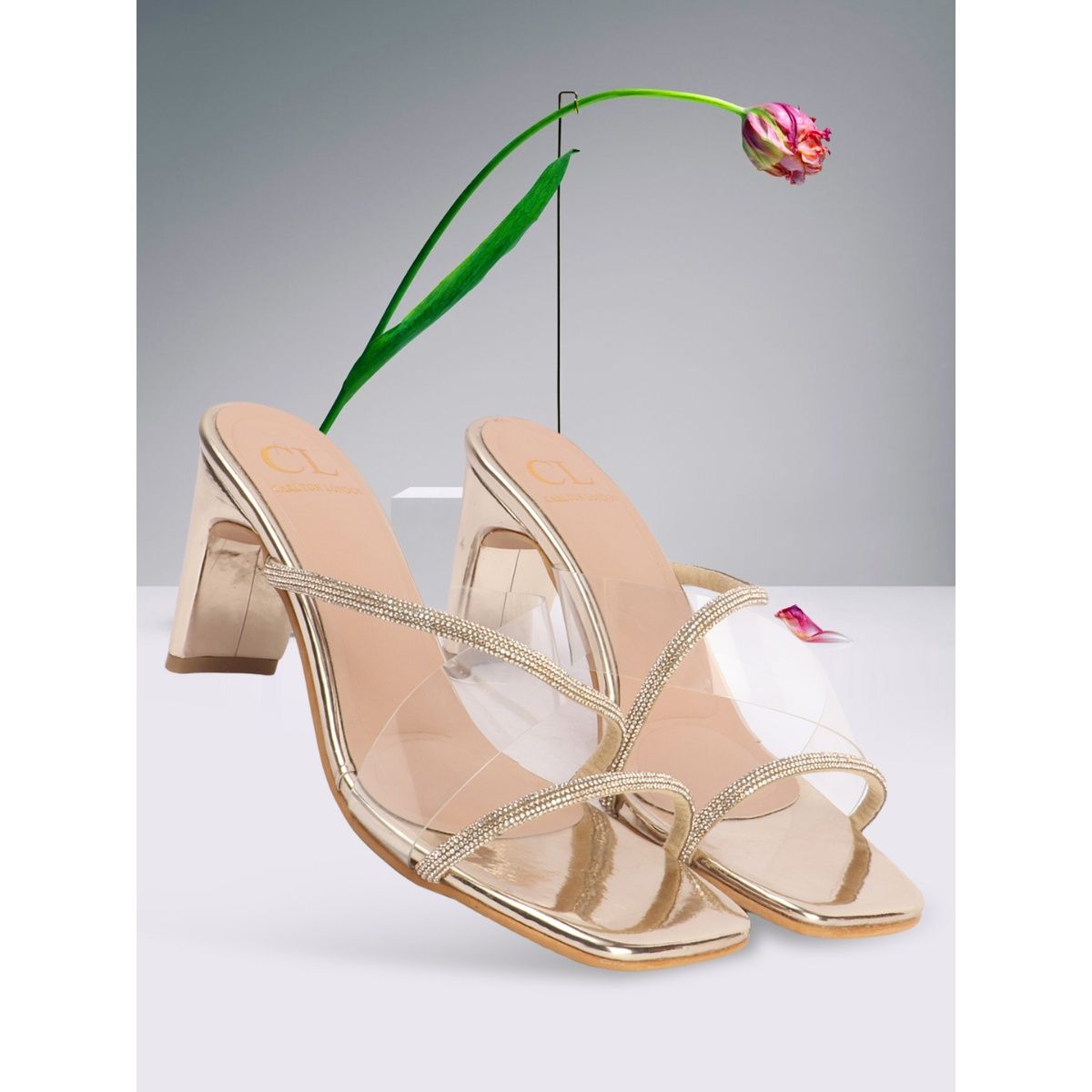 Buy Carlton London Women Square Toe Slip On Gold Sandal Heels Online