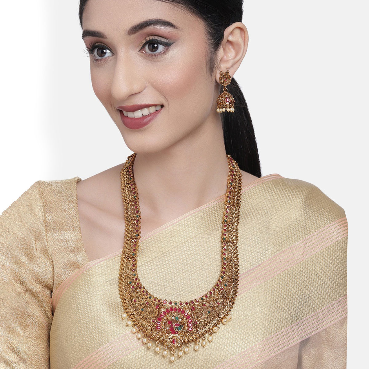 Buy Zaveri Pearls Pink Green Peacock Inspired South Indian Style buy-zaveri-pearls-pink-green-peacock-inspired-south-indian-style