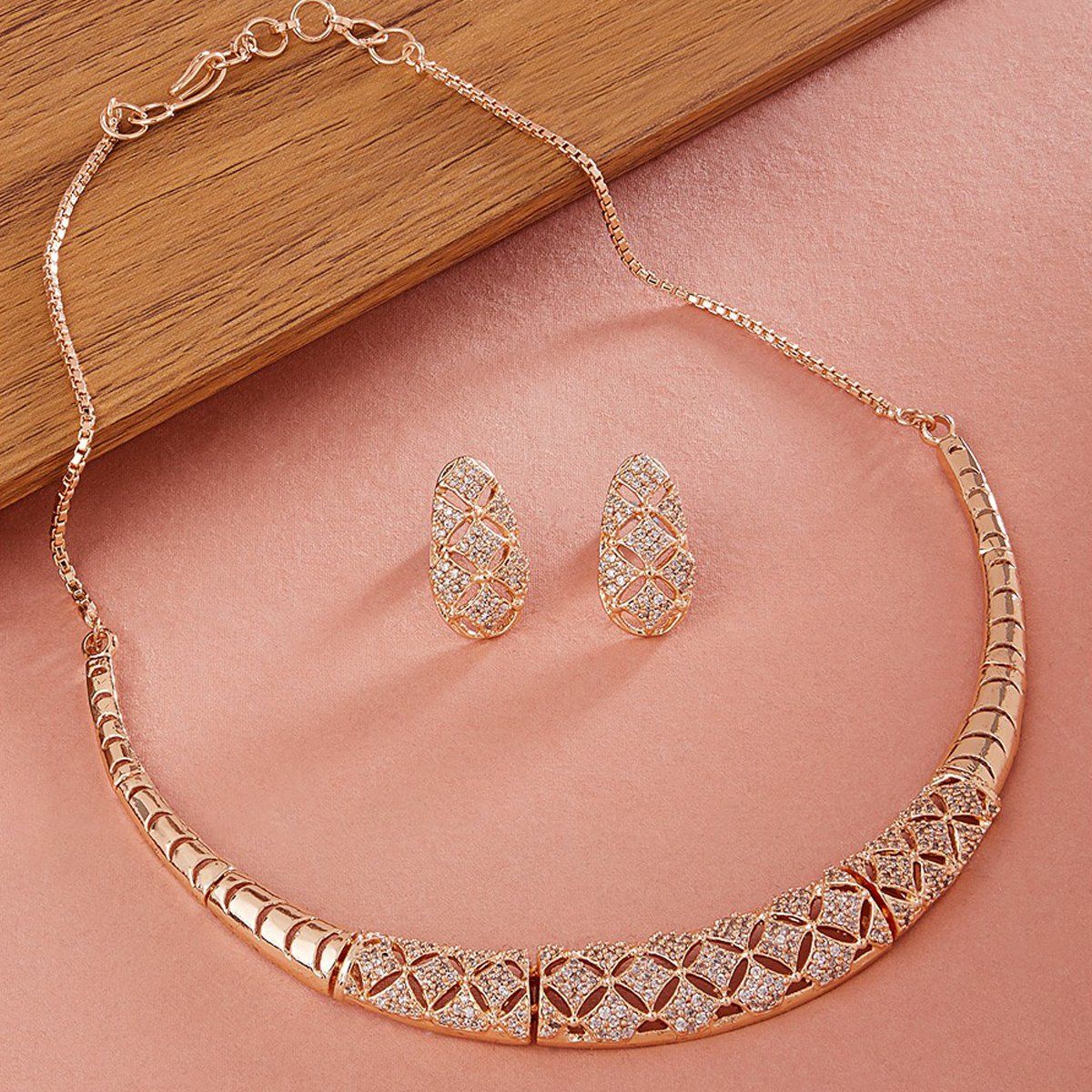 Delicate Rose Gold CZ Flowers Necklace Earrings Jewelry Set – Neshe Fashion  Jewelry