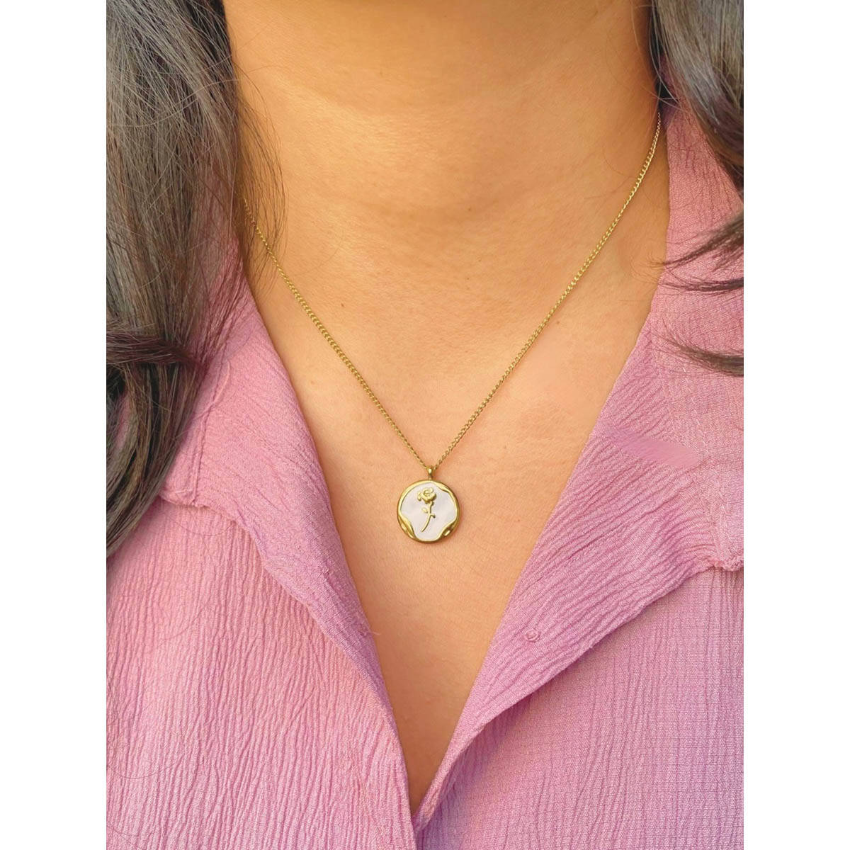 Inaya Accessories 18Kt Gold Plated Mother of Pearl Dainty Rose Pendant Necklace