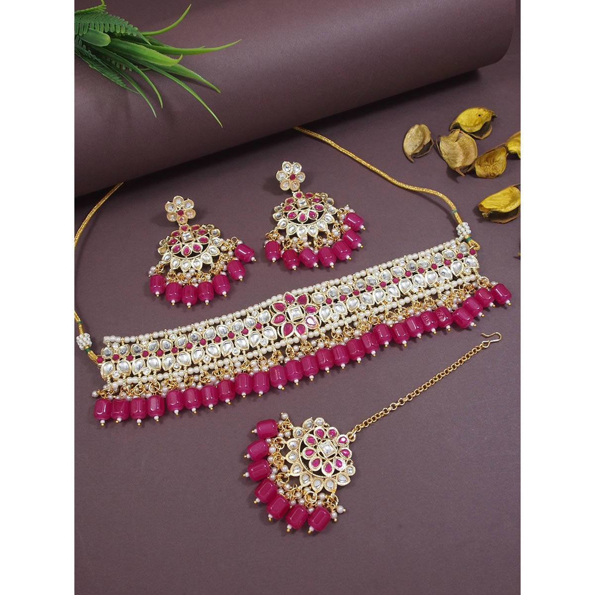 I Jewels Pink Traditional Gold Plated Kundan and Pearl Choker Jewellery Set