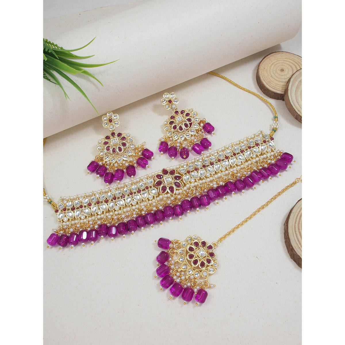 I Jewels Wine Traditional Gold Plated Kundan and Pearl Choker Jewellery Set