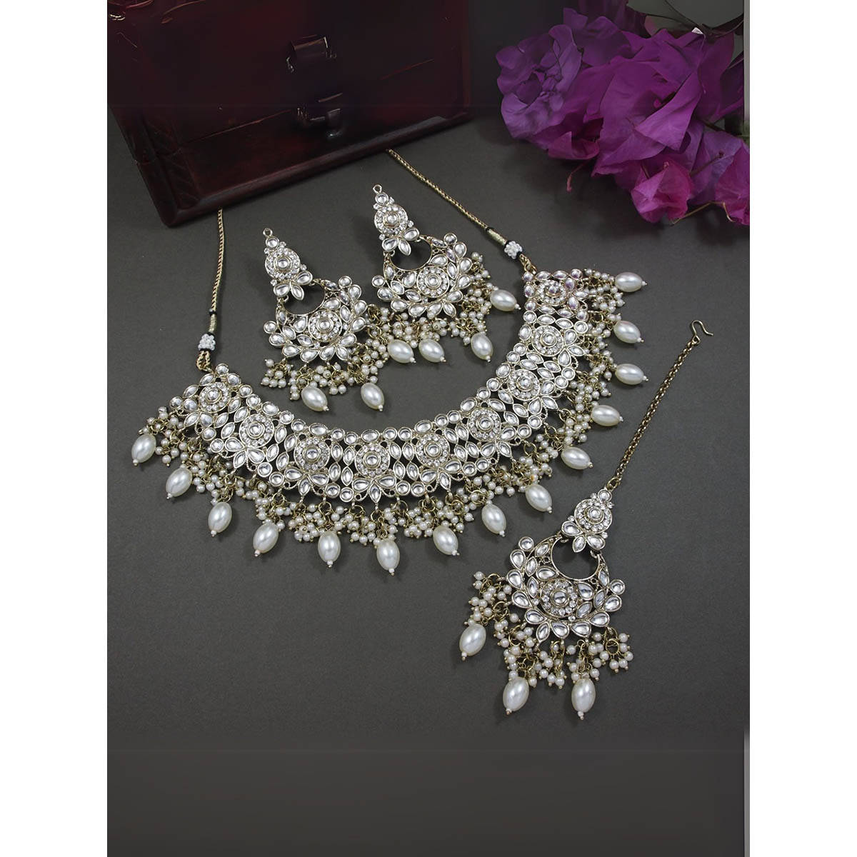 I Jewels Gold Plated Traditional Kundan White Pearl Bridal Jewellery Set