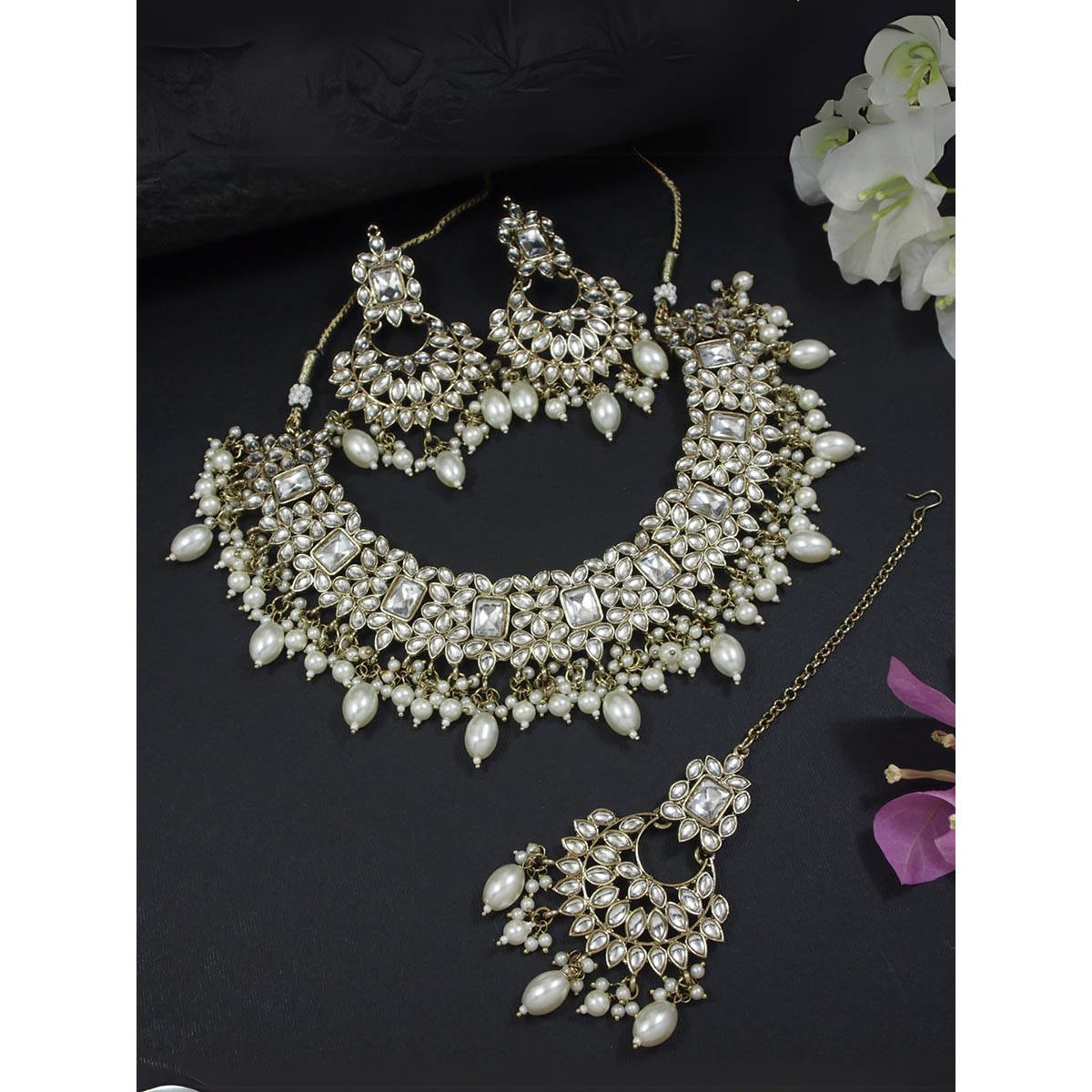 I Jewels Traditional Gold Plated Kundan Pearl Jewellery Set