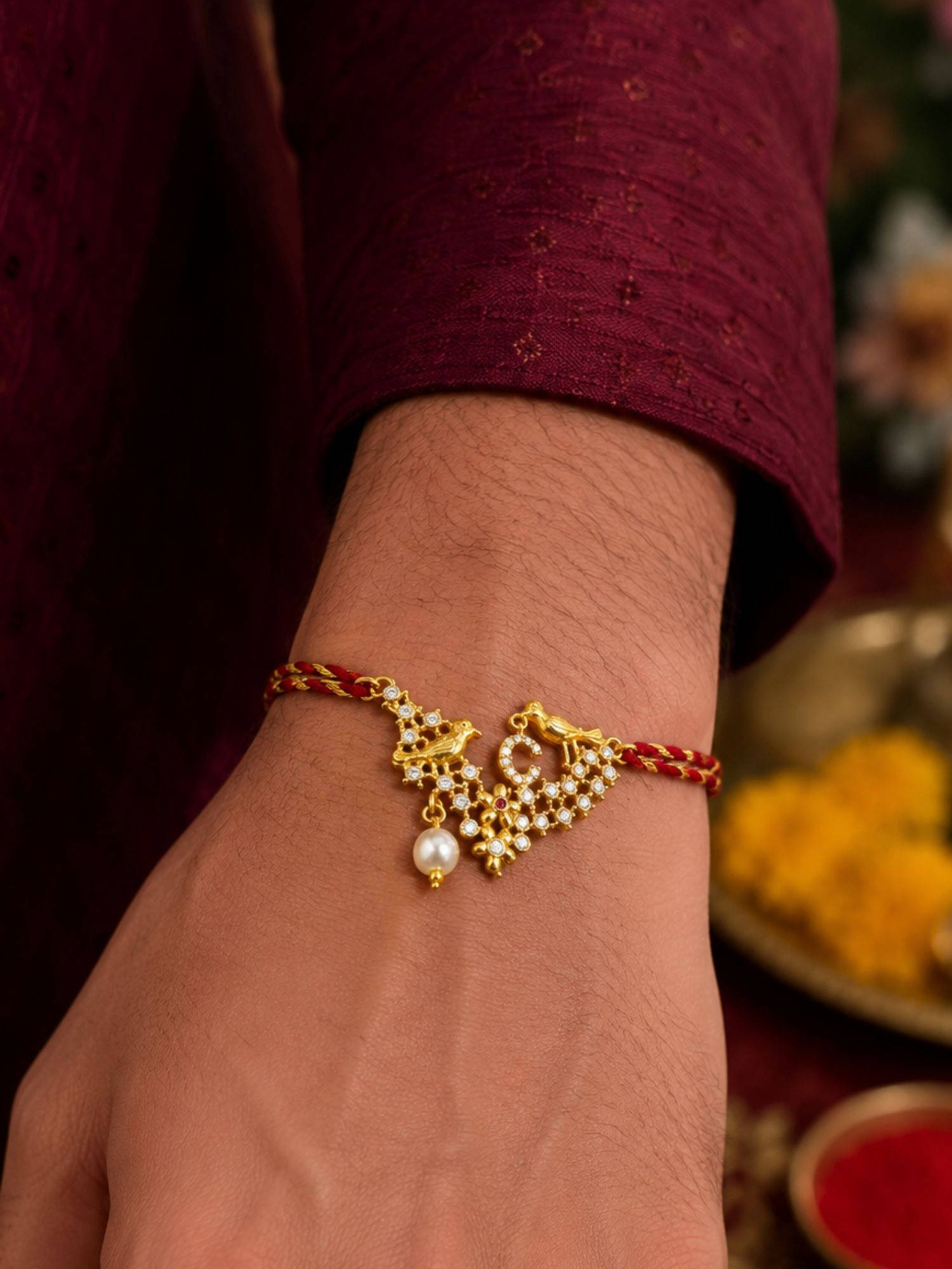 Digital Dress Room C Letter Bird Pearl and Stone Design Rakhi