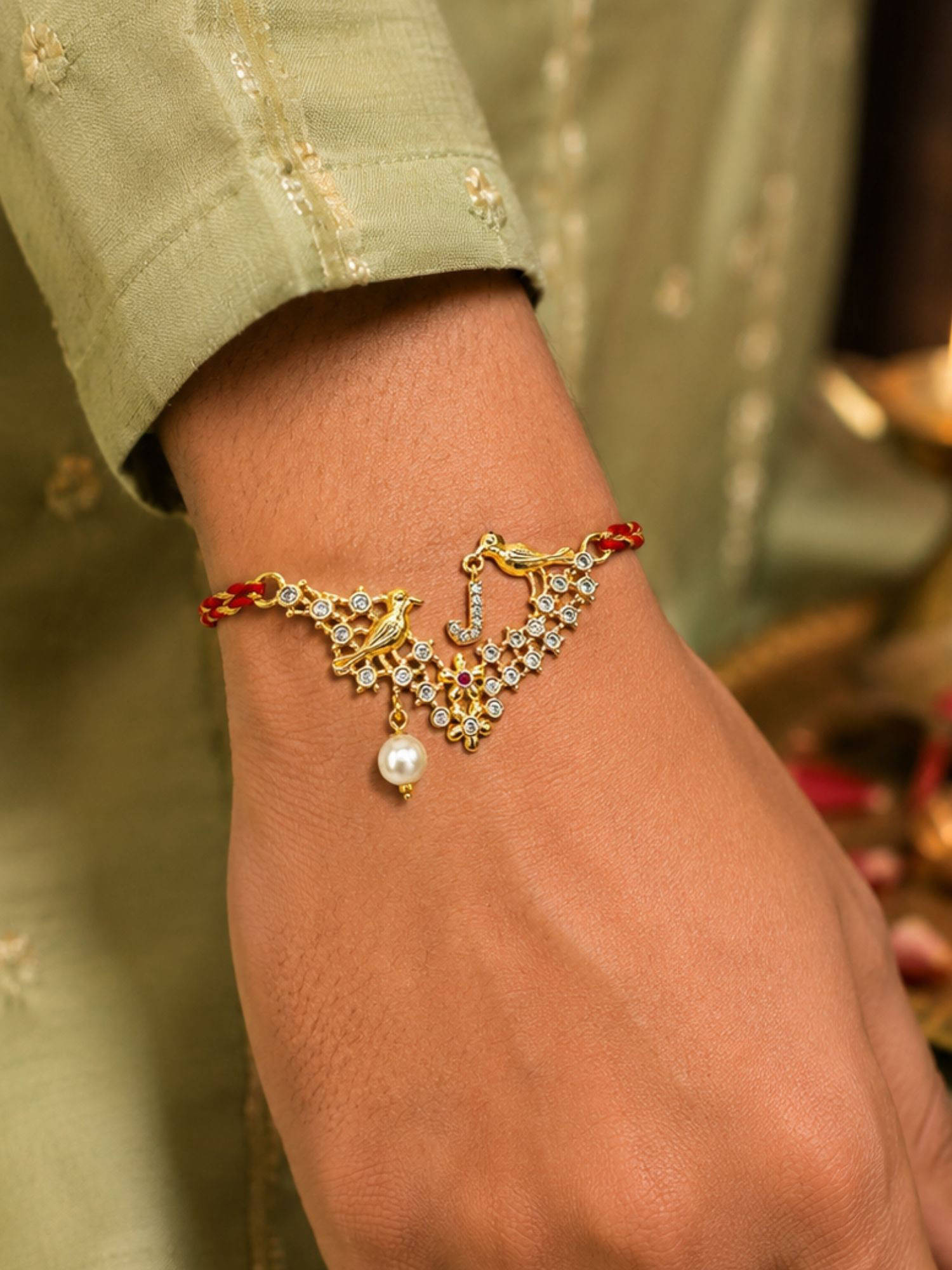 Digital Dress Room J Letter Bird Pearl and Stone Design Rakhi