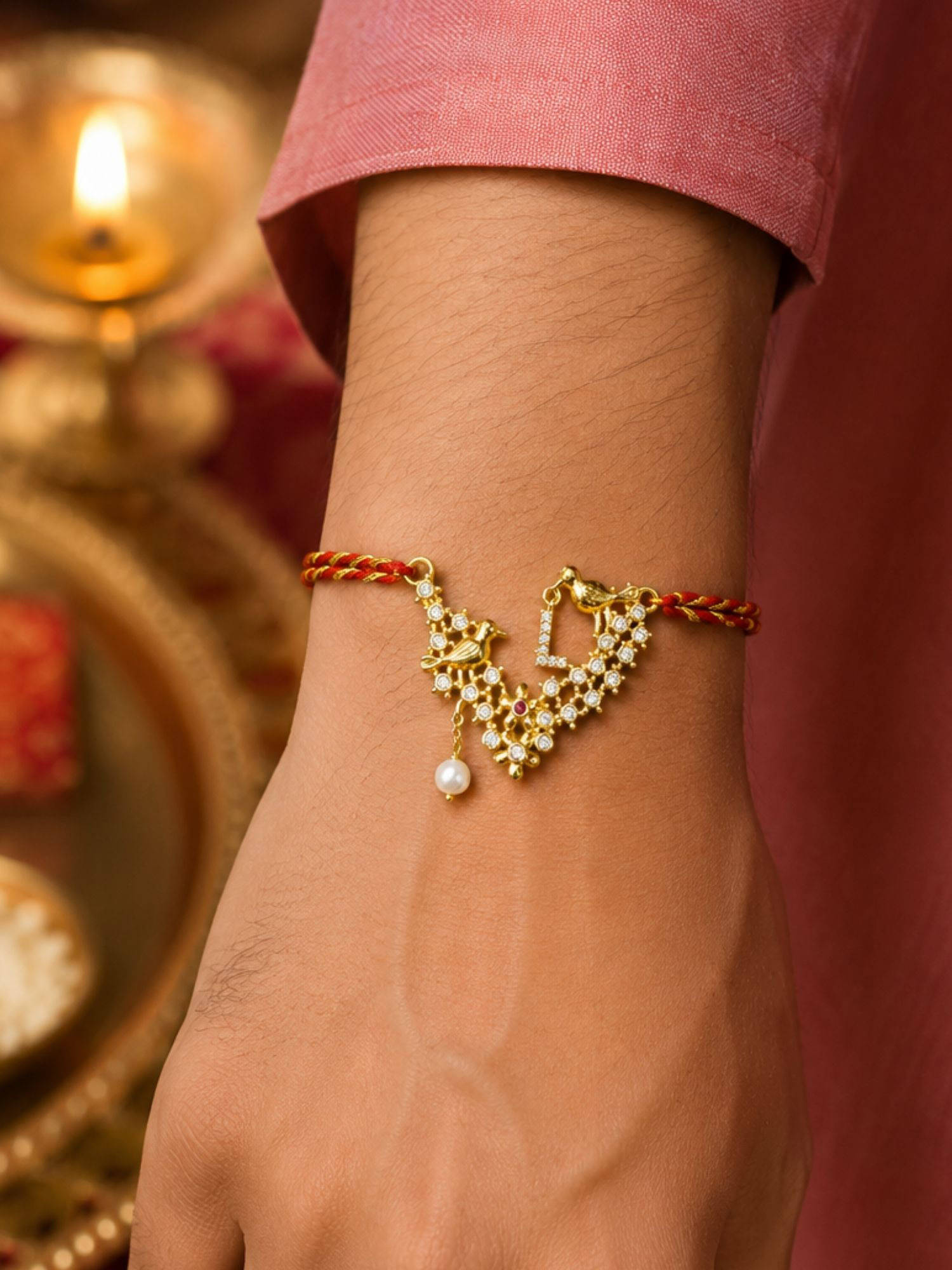 Digital Dress Room L Letter Bird Pearl and Stone Design Rakhi