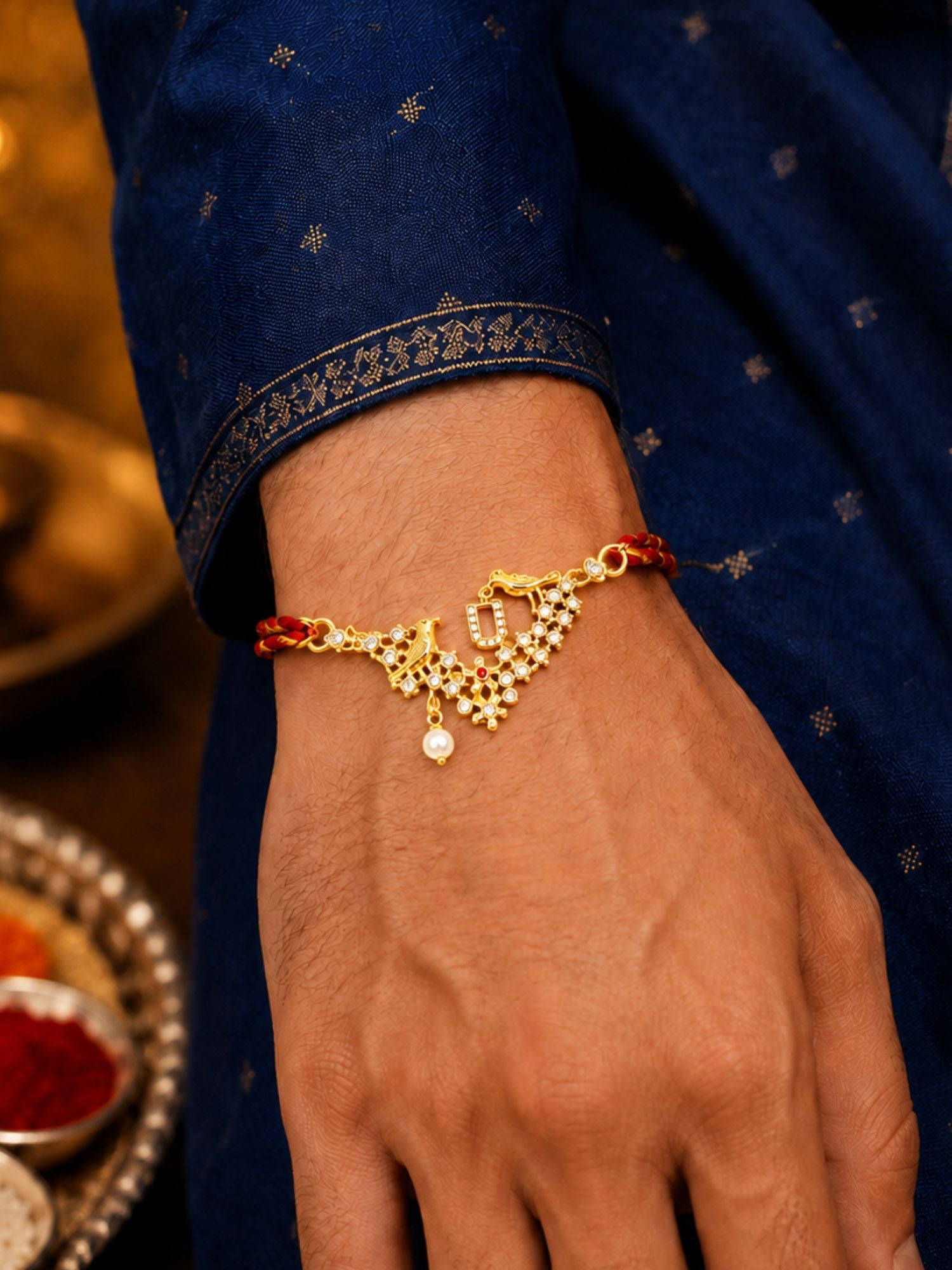 Digital Dress Room U Letter Bird Pearl and Stone Design Rakhi