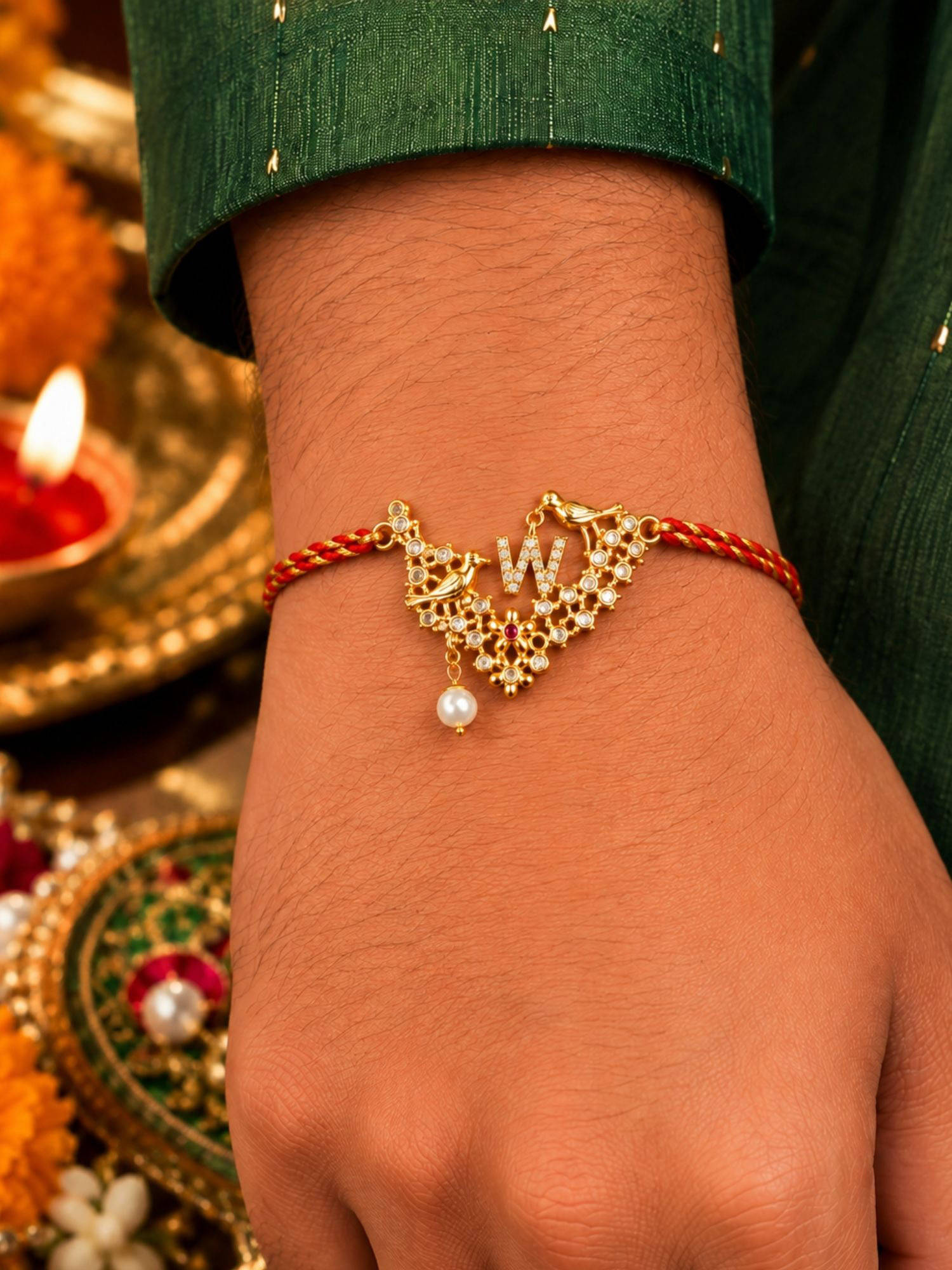 Digital Dress Room W Letter Bird Pearl and Stone Design Rakhi