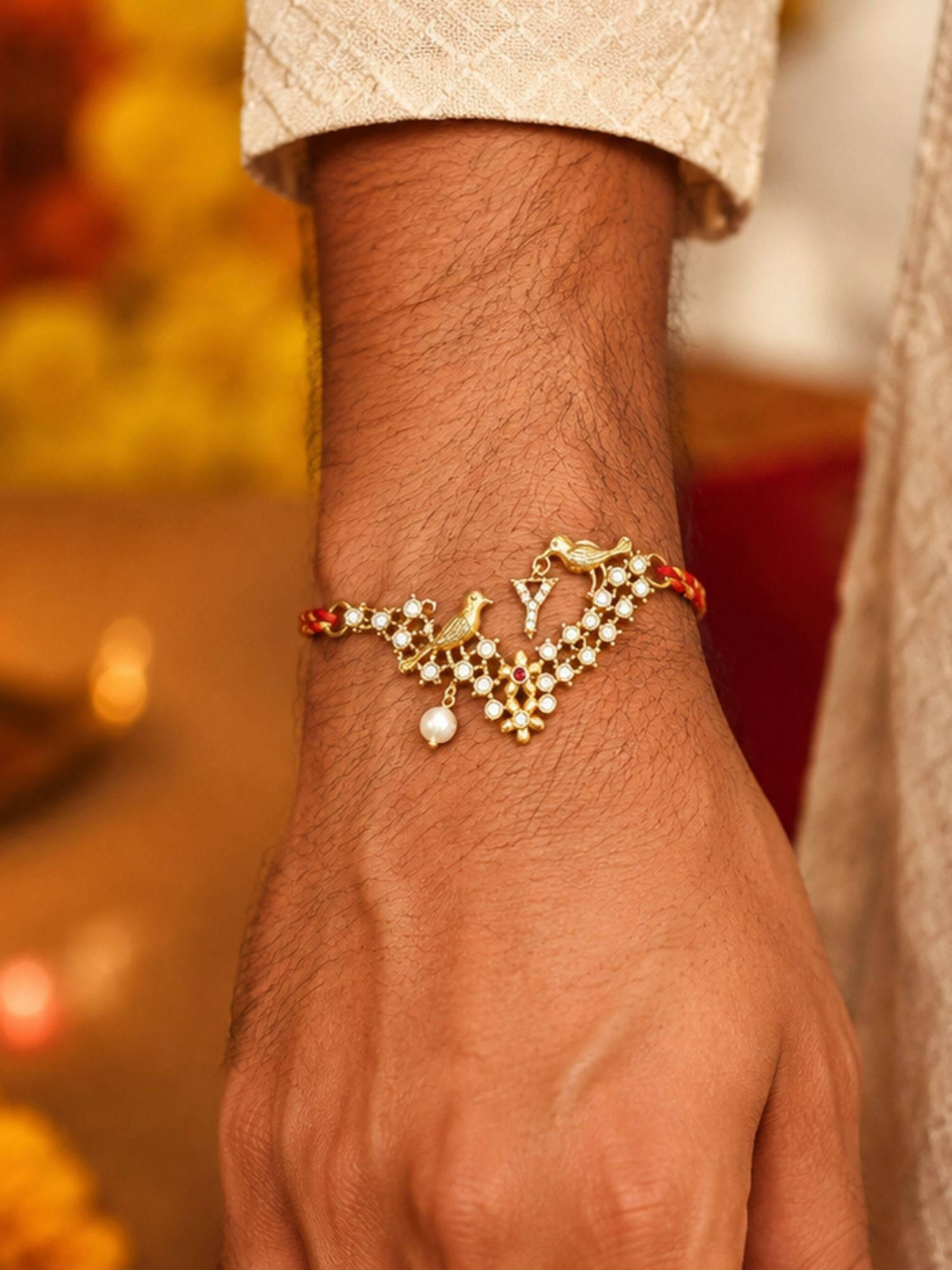 Digital Dress Room Y Letter Bird Pearl and Stone Design Rakhi