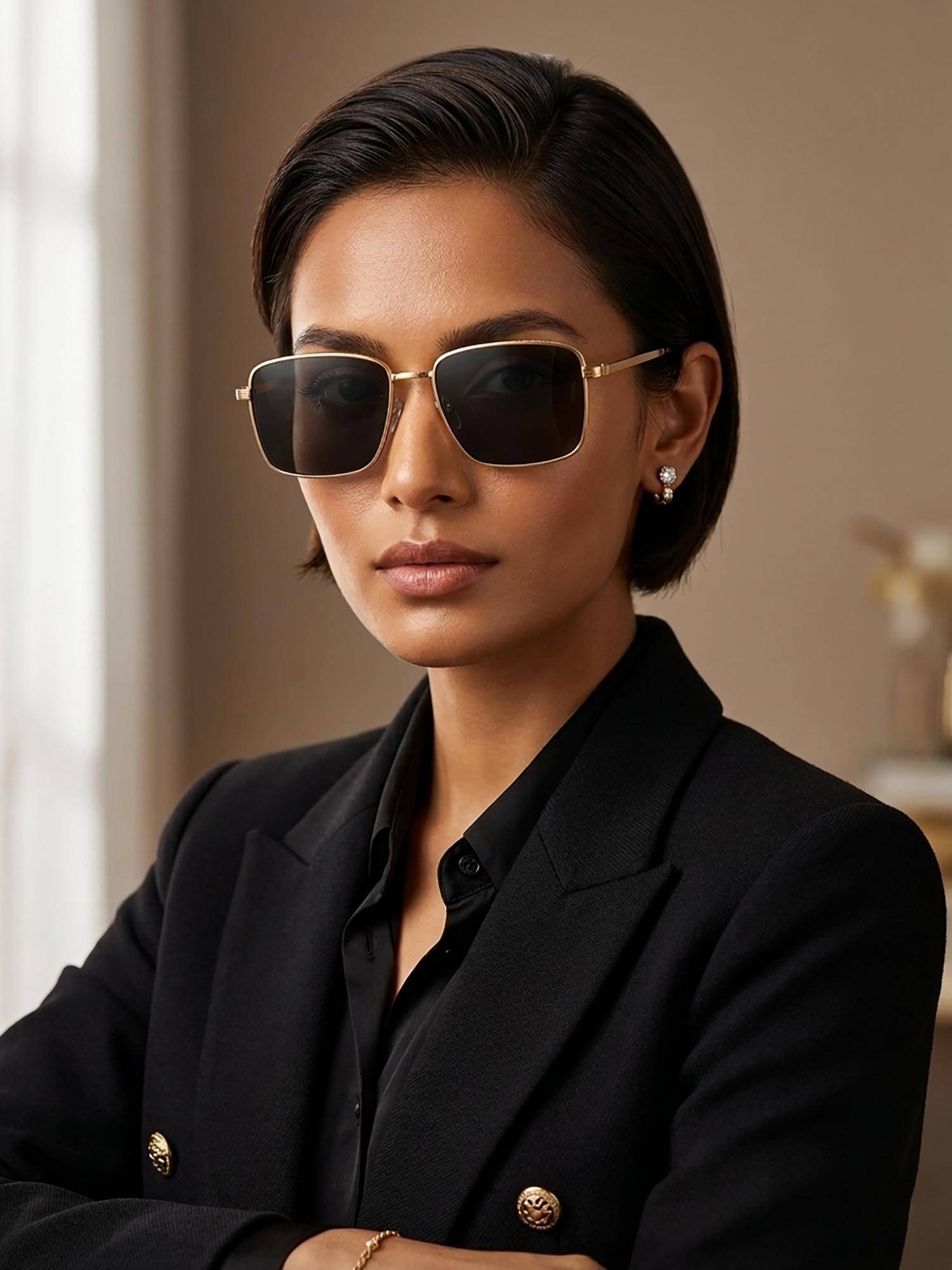 Carlton London Unisex Gold and Black Toned Polarised Lens Rectangle Sunglasses
