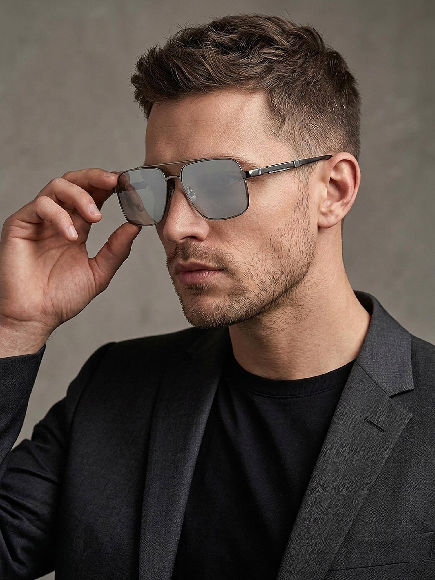 Carlton London Men Metallic and Black Toned Clear Polarised Lens Rectangle Sunglasses