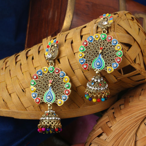 Anika's Creations Oxidised Gold Plated Multicolor Ethnic Jhumka Earring