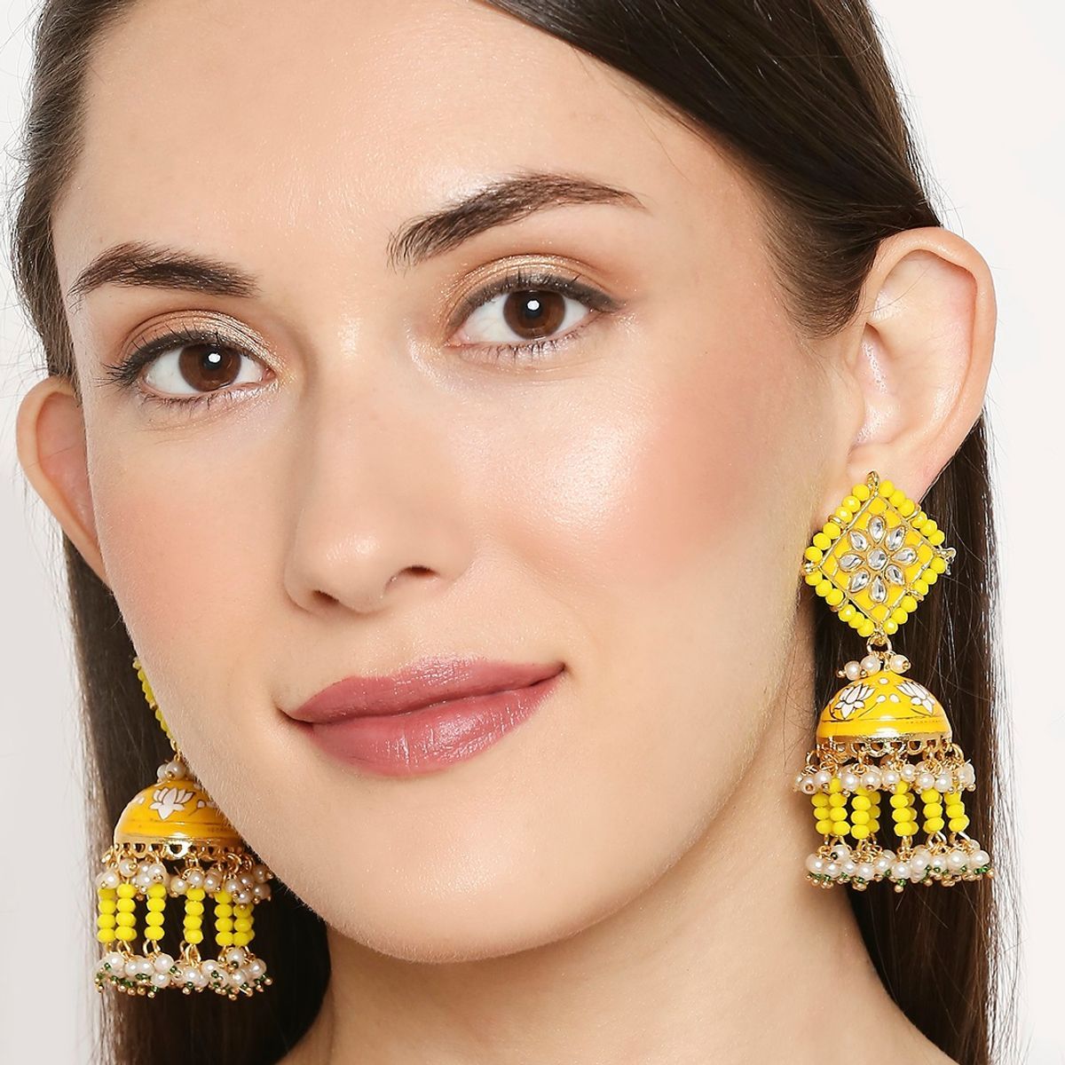 Fabula Yellow Meenakari Enamel Floral Long Pearl Tassel Ethnic Jhumka