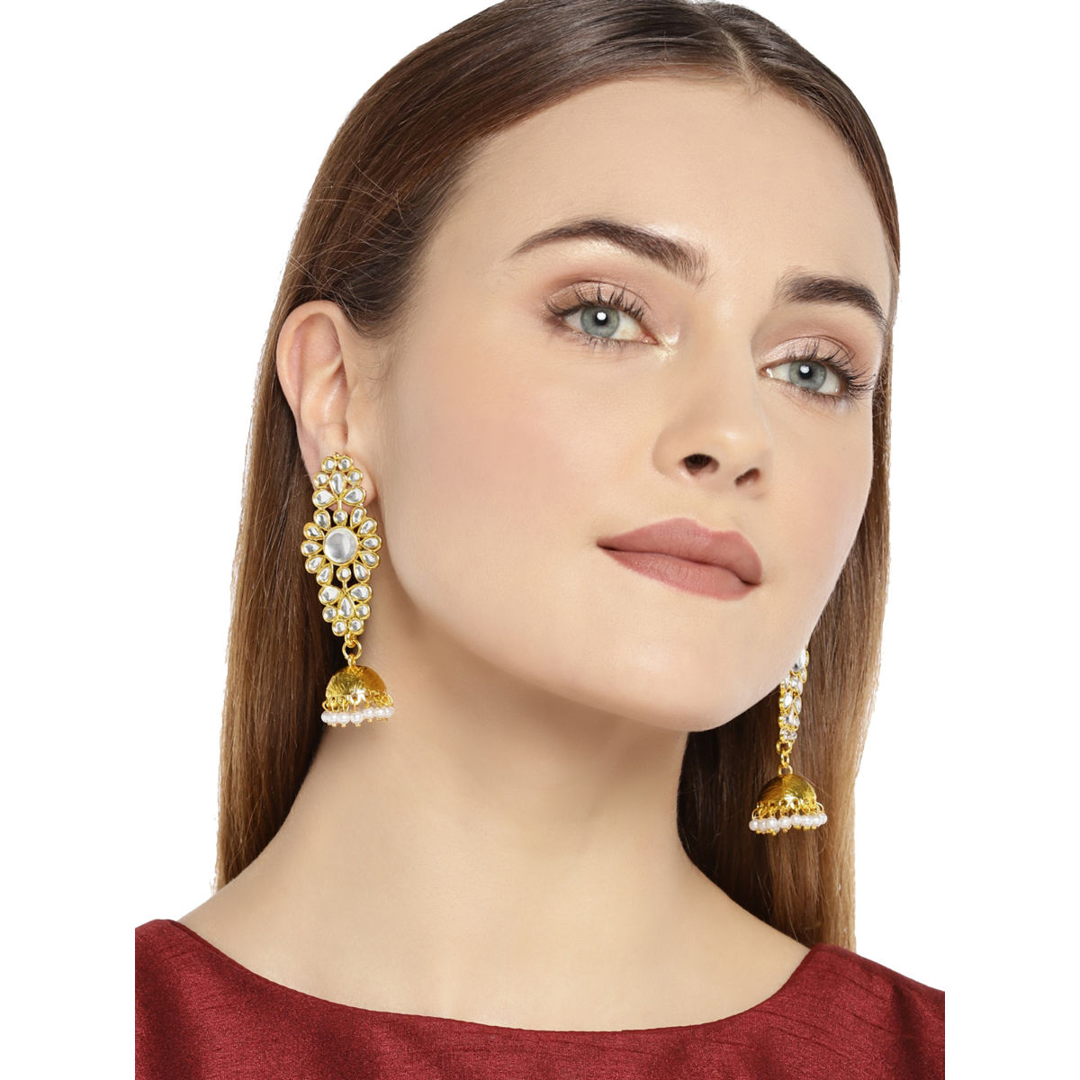 Buy Zaveri Pearls Gold Tone Kundan & Pearls Traditional Jhumki Earring ...