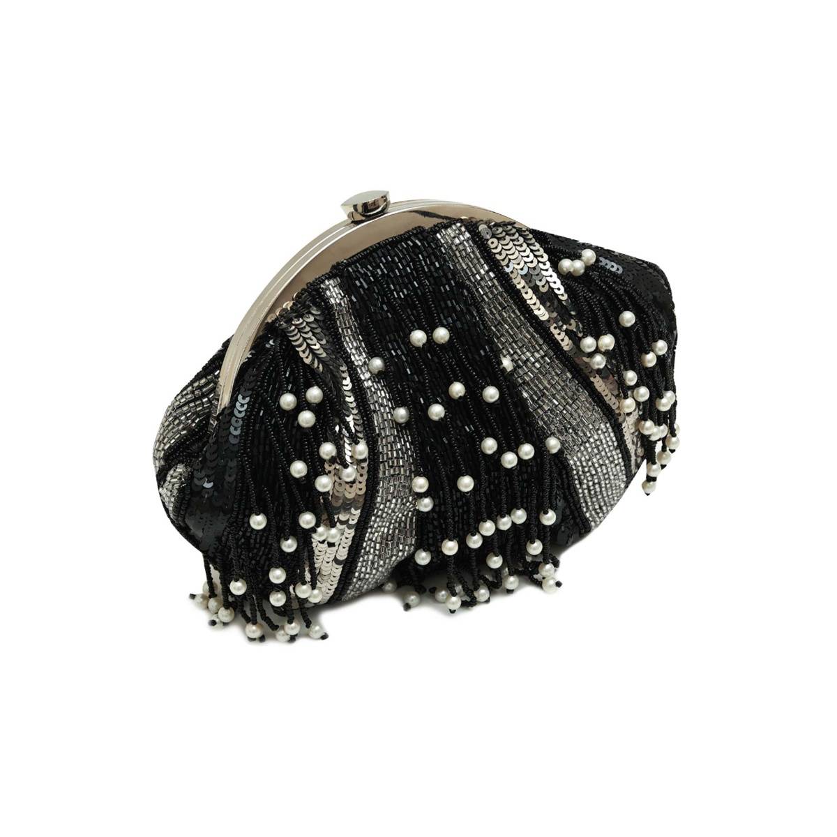THE TAN CLAN Black Ava Pearl Clutch with Detachable Chain