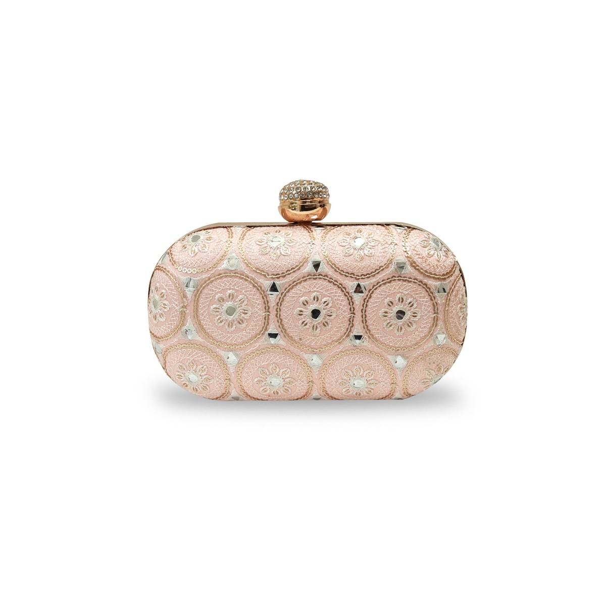 THE TAN CLAN Peach Inaara Oval Clutch with Detachable Chain