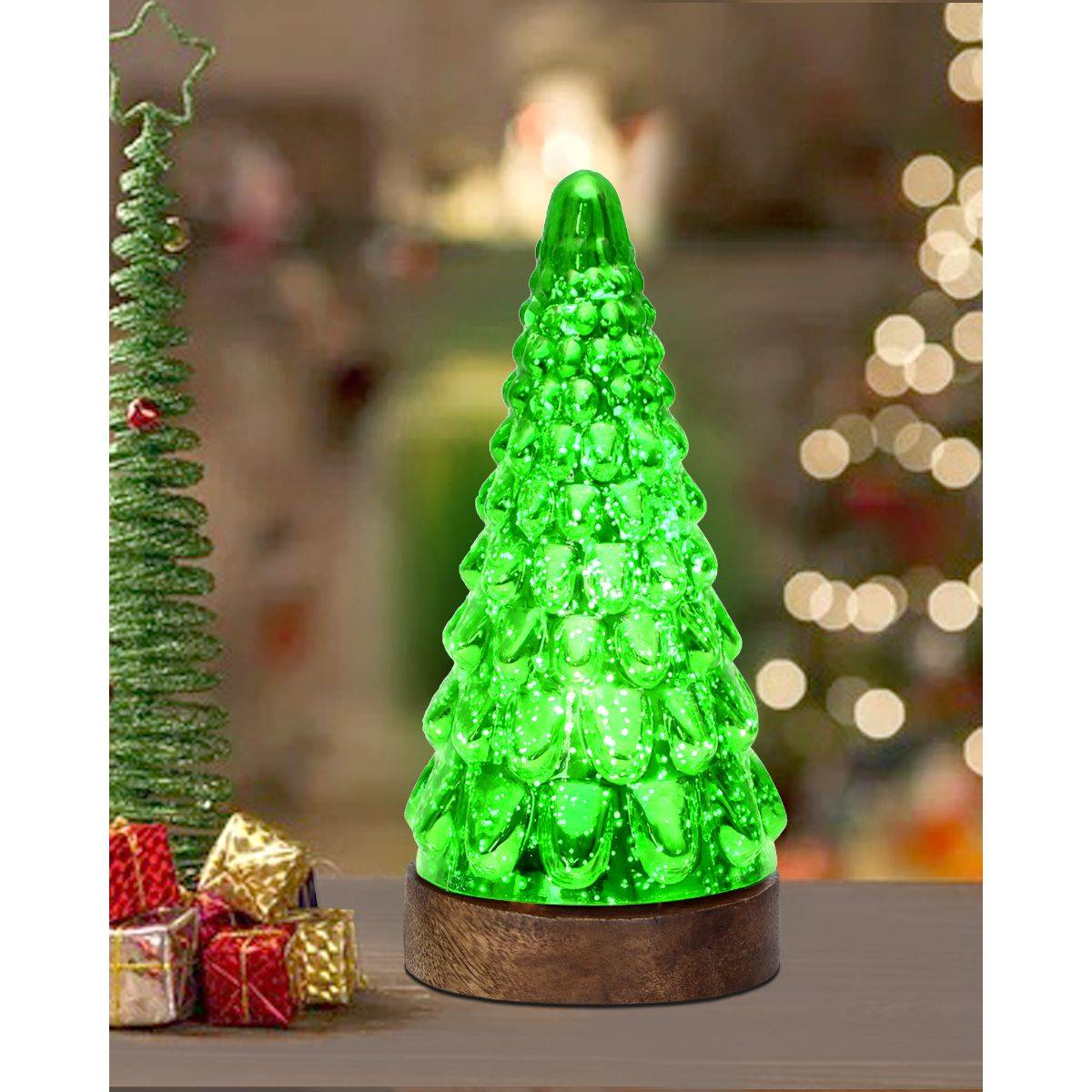 Homesake Mercury Glass Christmas Tree Wooden Base Table Lamp Light Home Decor