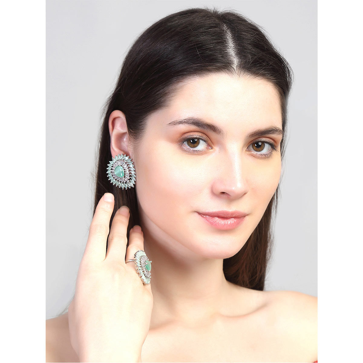 Stud Earring Set & Adjustable Finger Ring With Earring For Women Girl -  Silver Shine - 3340267