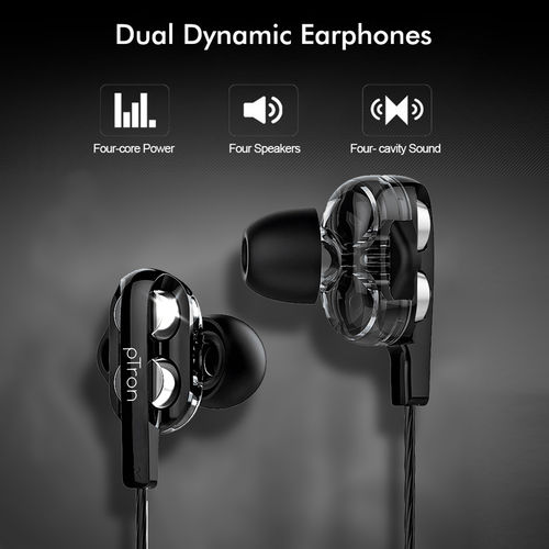 pTron Boom Pro Dual-Driver Wired Earphones With Deep Bass, Mic  Durable Cable (Black Silver)