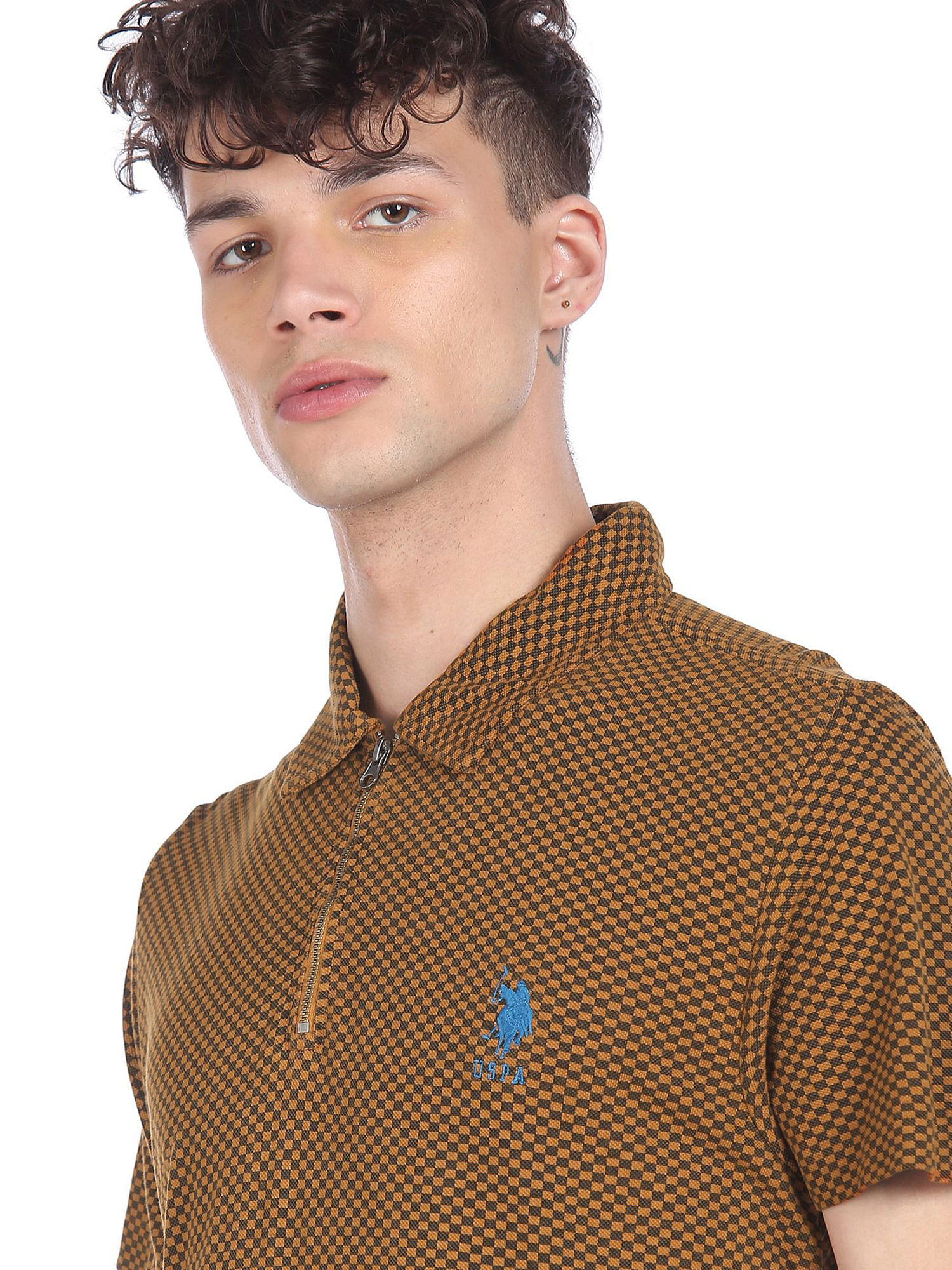 Buy U.S. POLO ASSN. Men Brown Zipper Placket Check Polo Shirt Online